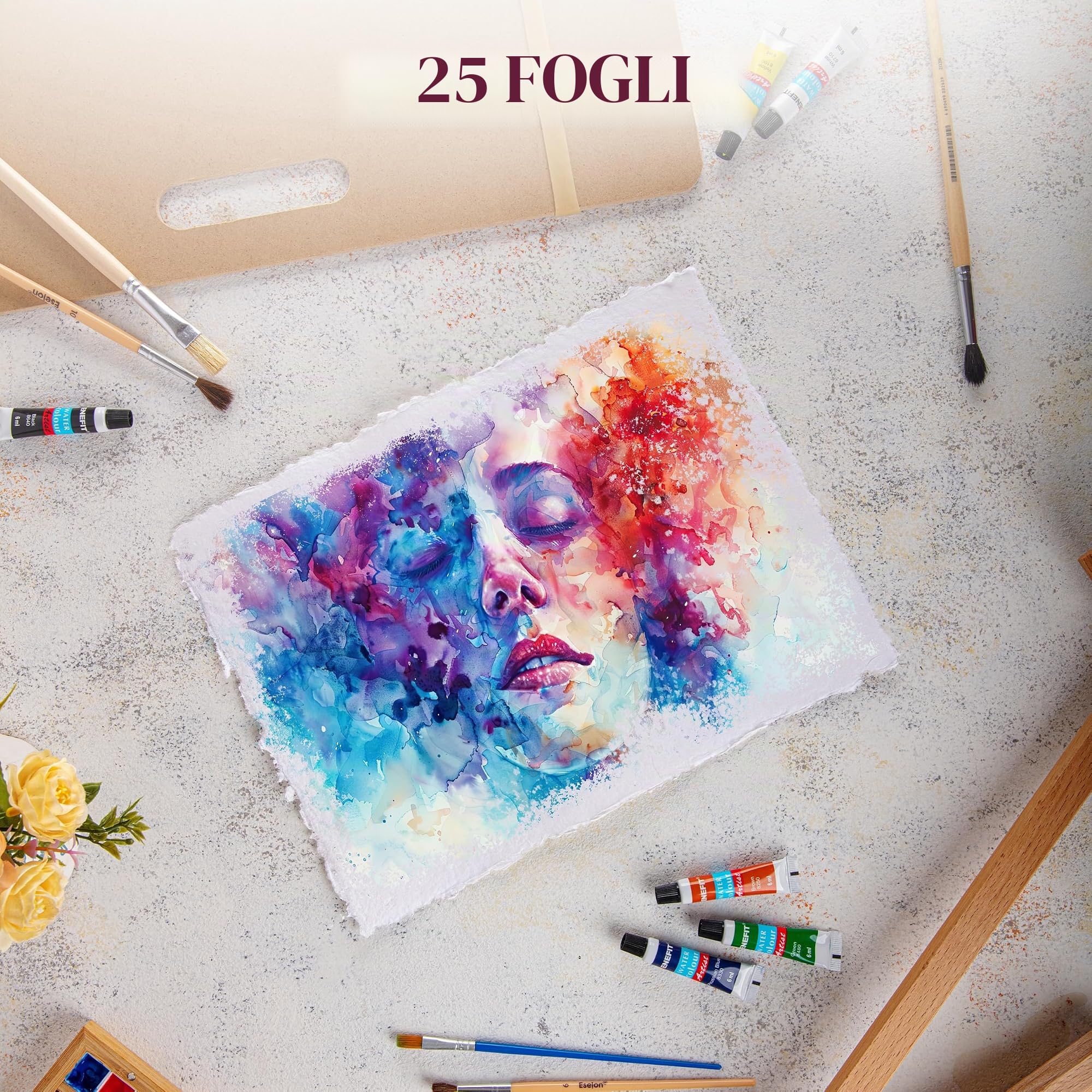Wanderings Carta per Acquerello Spessa Fatta a Mano con Bordo Irregolare – 23×30,5 cm – 300 GSM – Carta Bianca Pressata a Caldo per Tecniche Miste in Cotone Riciclato – 25 Fogli Sfusi