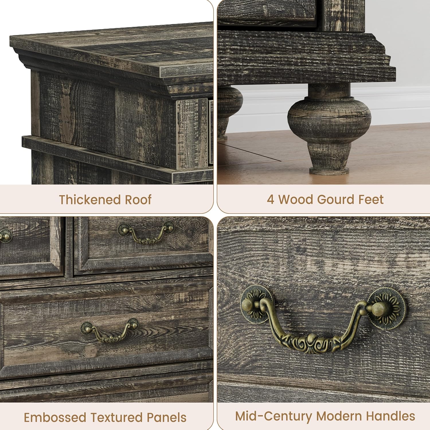 IDEALHOUSE 47" Farmhouse Dresser for Bedroom with 9 Drawers, Rustic Wood Chest with Vintage Metal Handles for Bedroom, Large Storage Organizer for Living Room, Entrance, Dark Oak