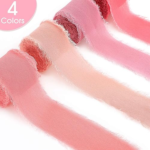 Miniatura 3 de Boao 4 rollos de cinta de gasa hecha a mano con flecos de seda de 1.5 pulgadas x 7 yardas, cintas deshilachadas rosas para el día de San Valentín,