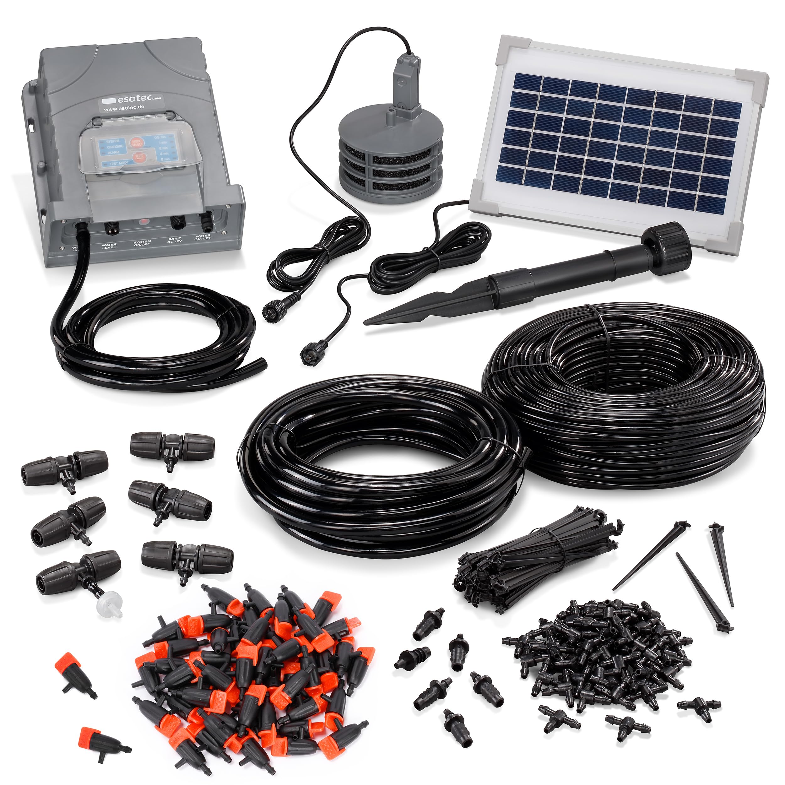 Esotec Solar Bewässerungssystem Waterdrops Pro, 50 regulierbare Tropfer – Automatische Tropfbewässerung für Garten & Balkon 101124