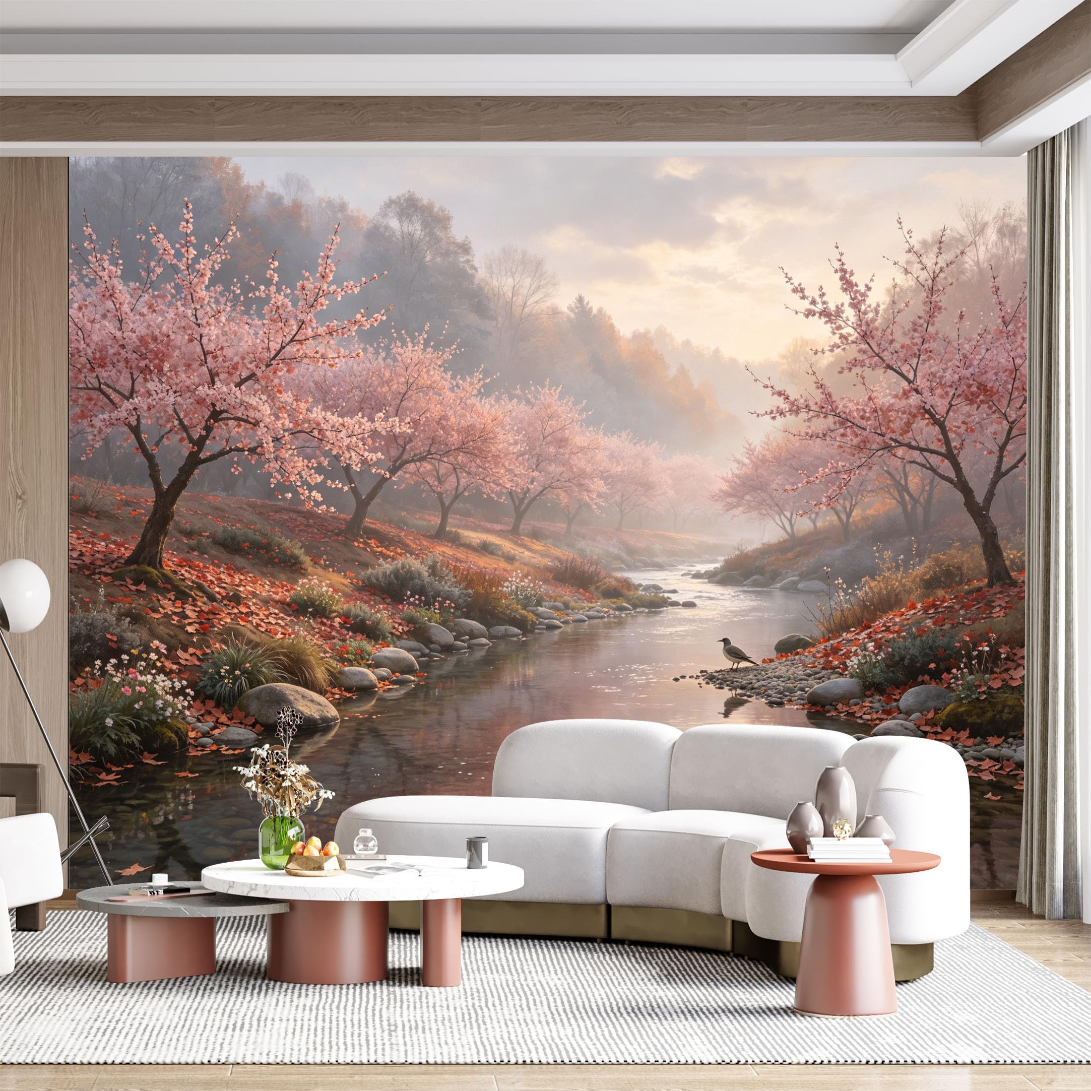 Custom Size Wall Mural Cherry Blossom River Landscape Tranquil Nature Floral Watercolor SelfAdhesive Wall Fabric Removable for Home Office Decor