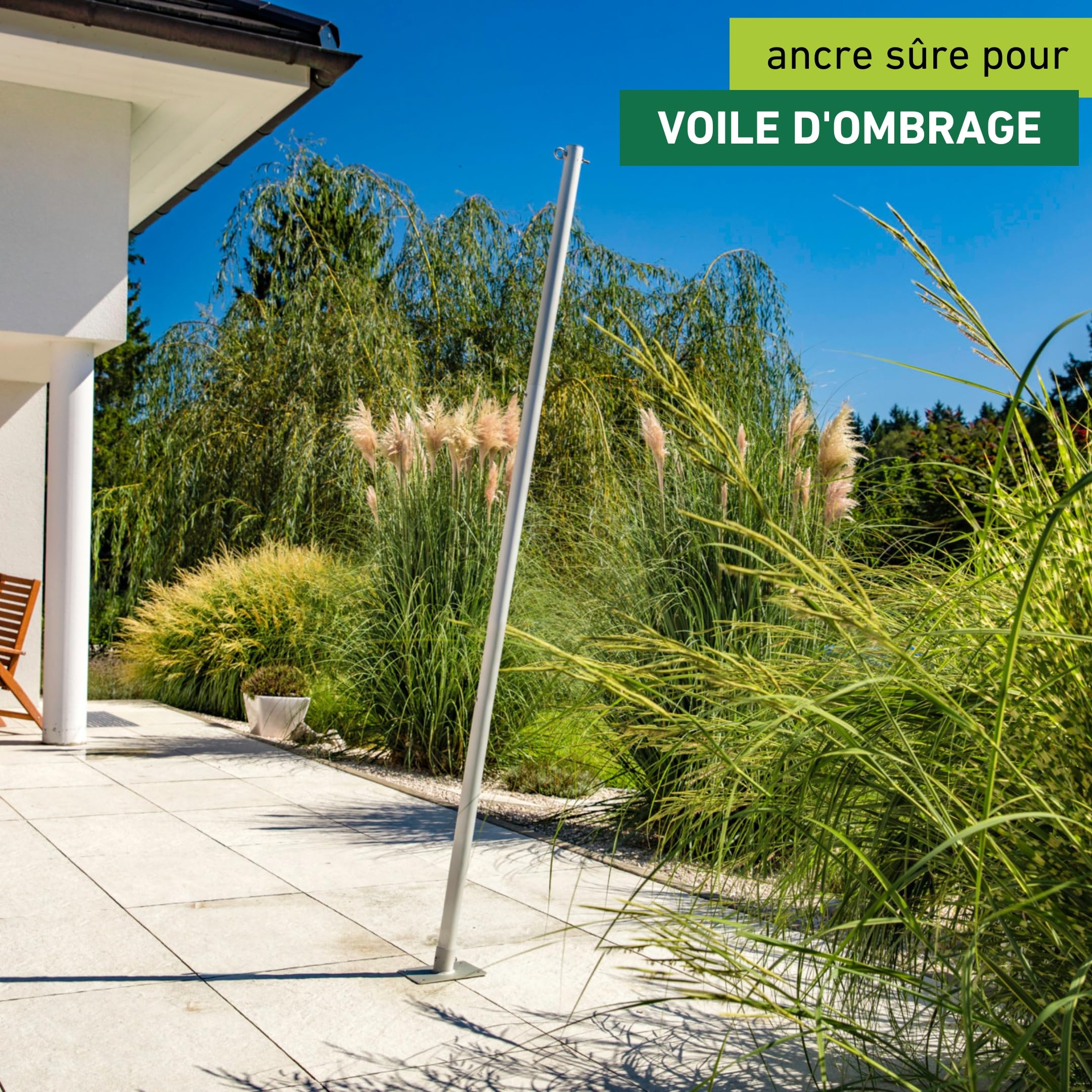Windhager mât de voile solaire - poteau de voile d'ombrage - mât en acier - barre de support - inoxydable - hauteur de mât max. 243 cm