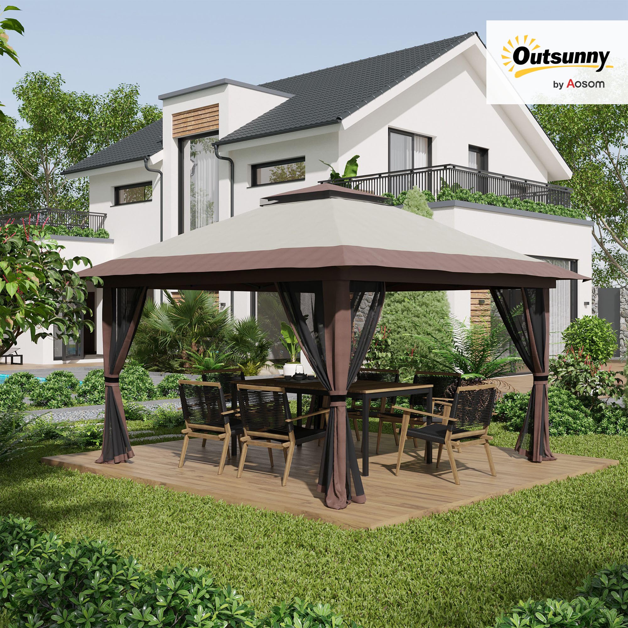 Outsunny Gazebo pieghevole pop-up, 4 x 4 x 2,8 m, altezza regolabile, beige