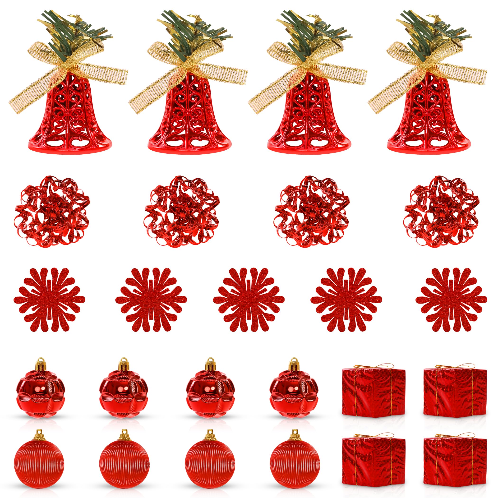 Deck The Season Red & Gold Red Christmas Baubles Set – 25Pc Mixed Shape Shatterproof Ornaments With Red Snowflake Decorations – Xmas Tree Bauble Set For Christmas Tree Décor