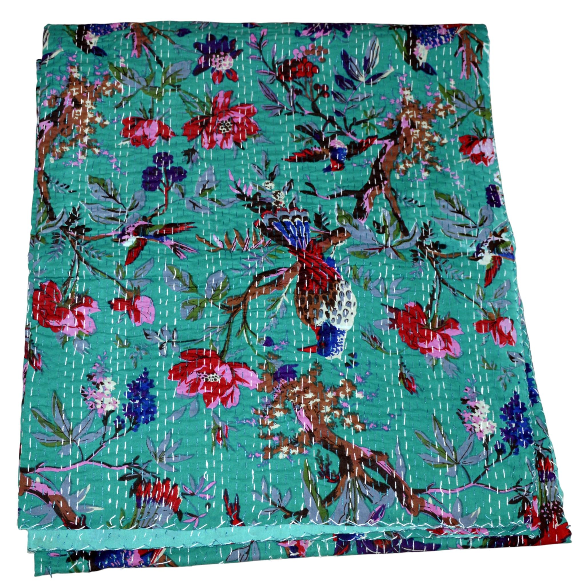 copriletto indiano 100% cotone Kantha, set di copriletti fatti a mano, reversibile, set di copriletti di lusso vintage con motivi floreali e uccelli