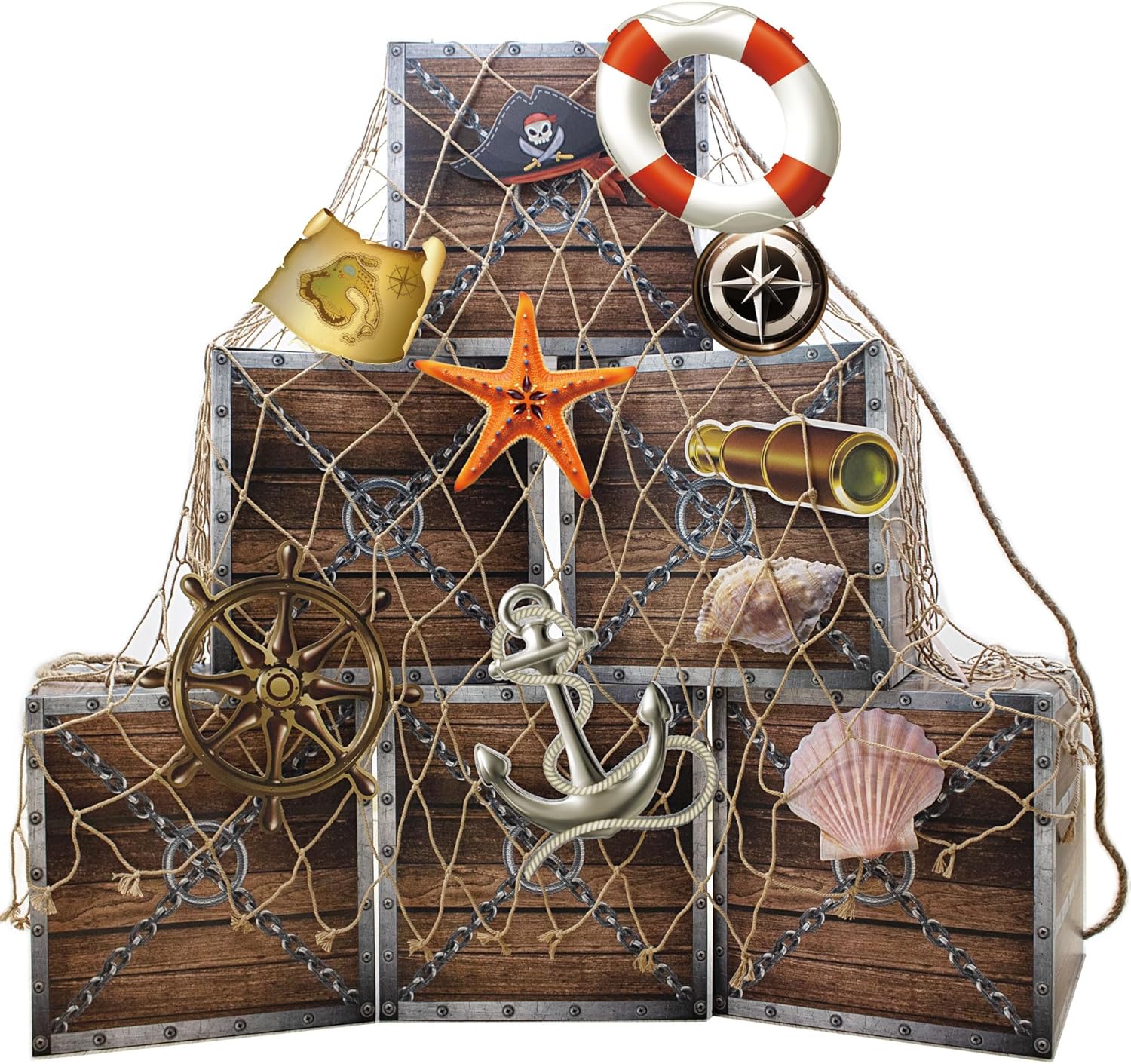 18Pcs Pirate Party Decorations Imitation Wooden Box Fishing Net Car Trunk or Treat Decor Ocean or Pirate Party Favors Adventure Birthday Photo Booth Props for Adult use only(Wood)
