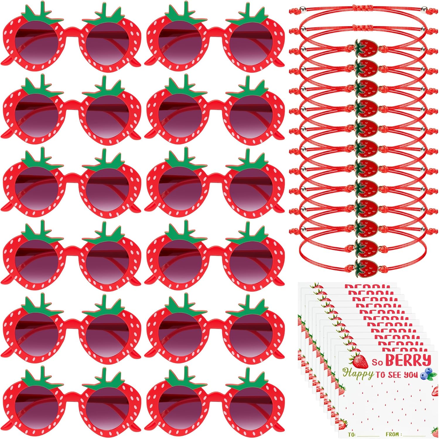 12 Sets Strawberry Party Favors - Strawberry Sunglasses, String Bracelets with Berry Cards, Berry Birthday Party Decorations, Party Supplies for Strawberry Theme Events