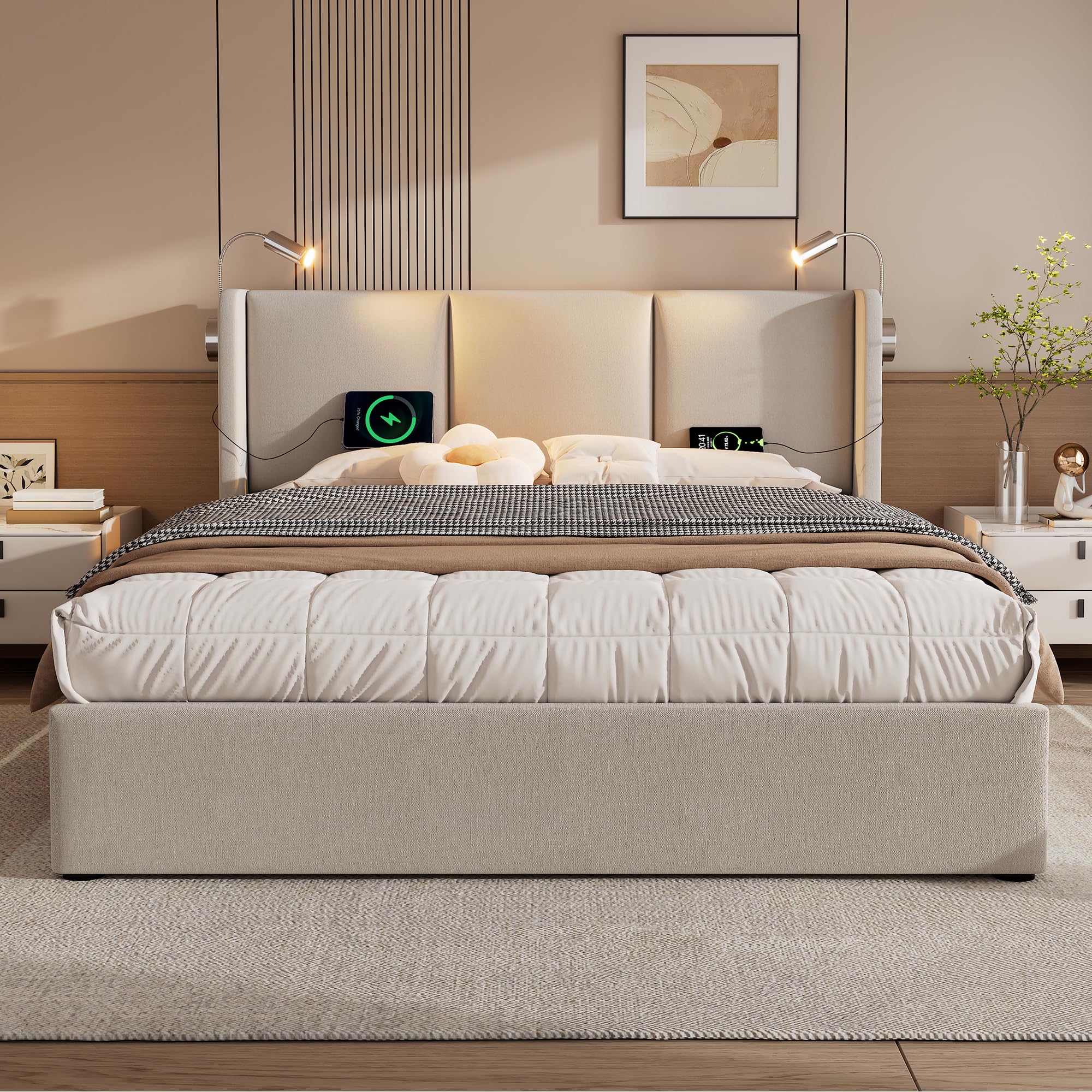 Letto matrimoniale imbottito in tessuto di lino, contenitore idraulico, 180