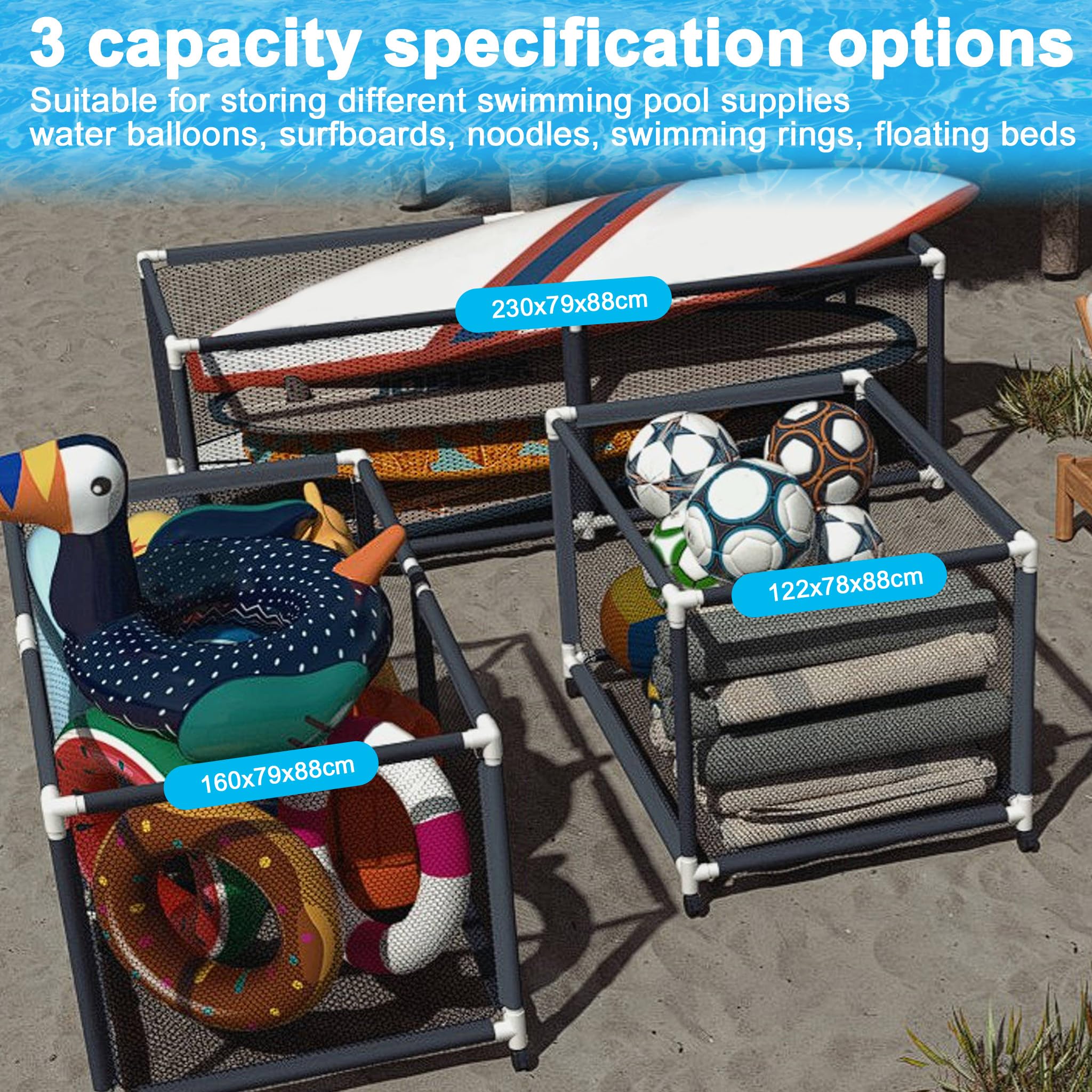Pool Aufbewahrungsbox mit Rollen, UV-beständiger Pool Aufbewahrungswagen, demontierbarer Organizer für Schwimmausrüstung, Spielzeug, Schwimmringe & Handtücher, einfache Montage, 230x79x88cm