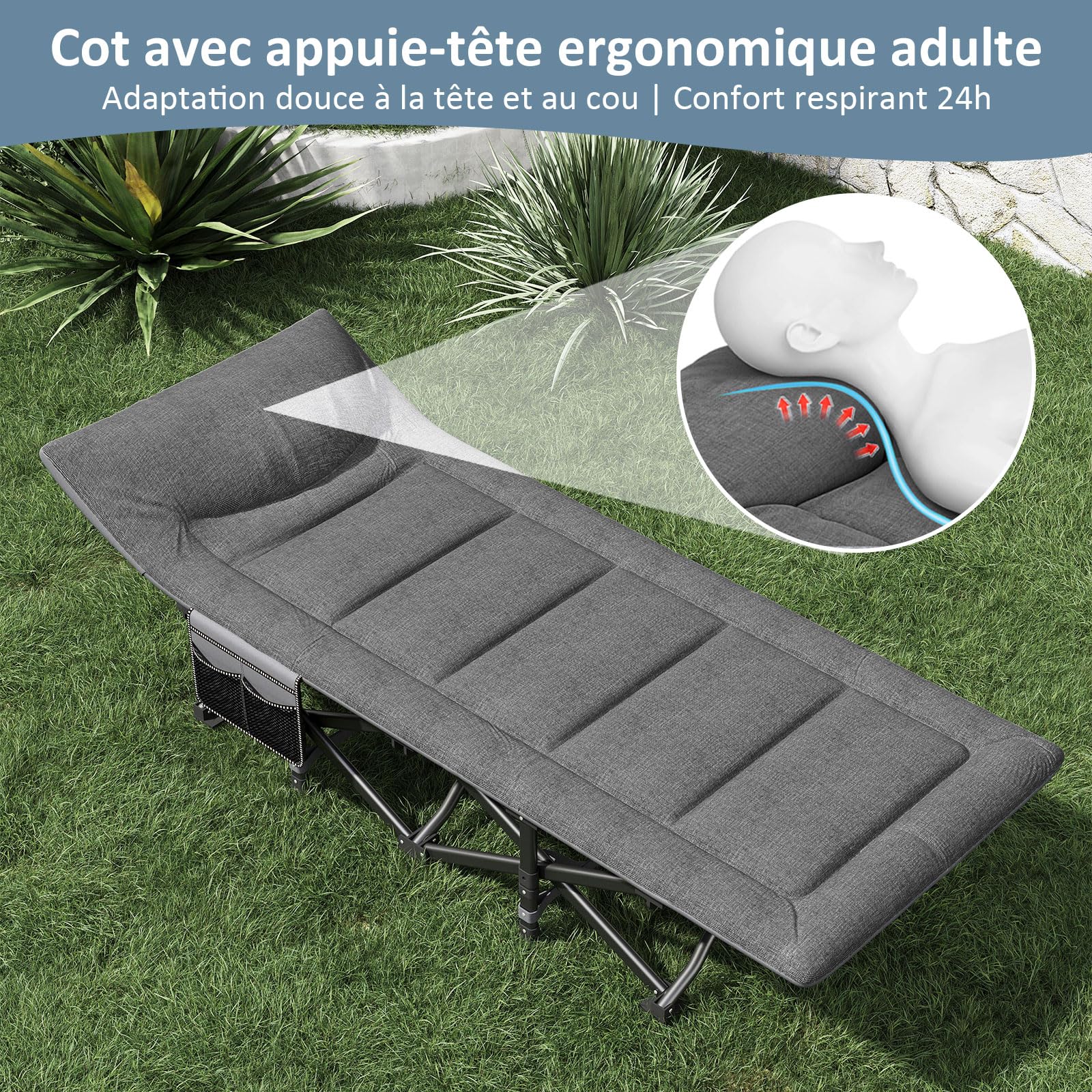 Lit de Camping Plier pour Adultes avec Matelas et Oreiller Intégrés, Portable pour Extérieur et Voyage, Charge Maximale 200kg, Inclut Sacoche de Transport, Gris
