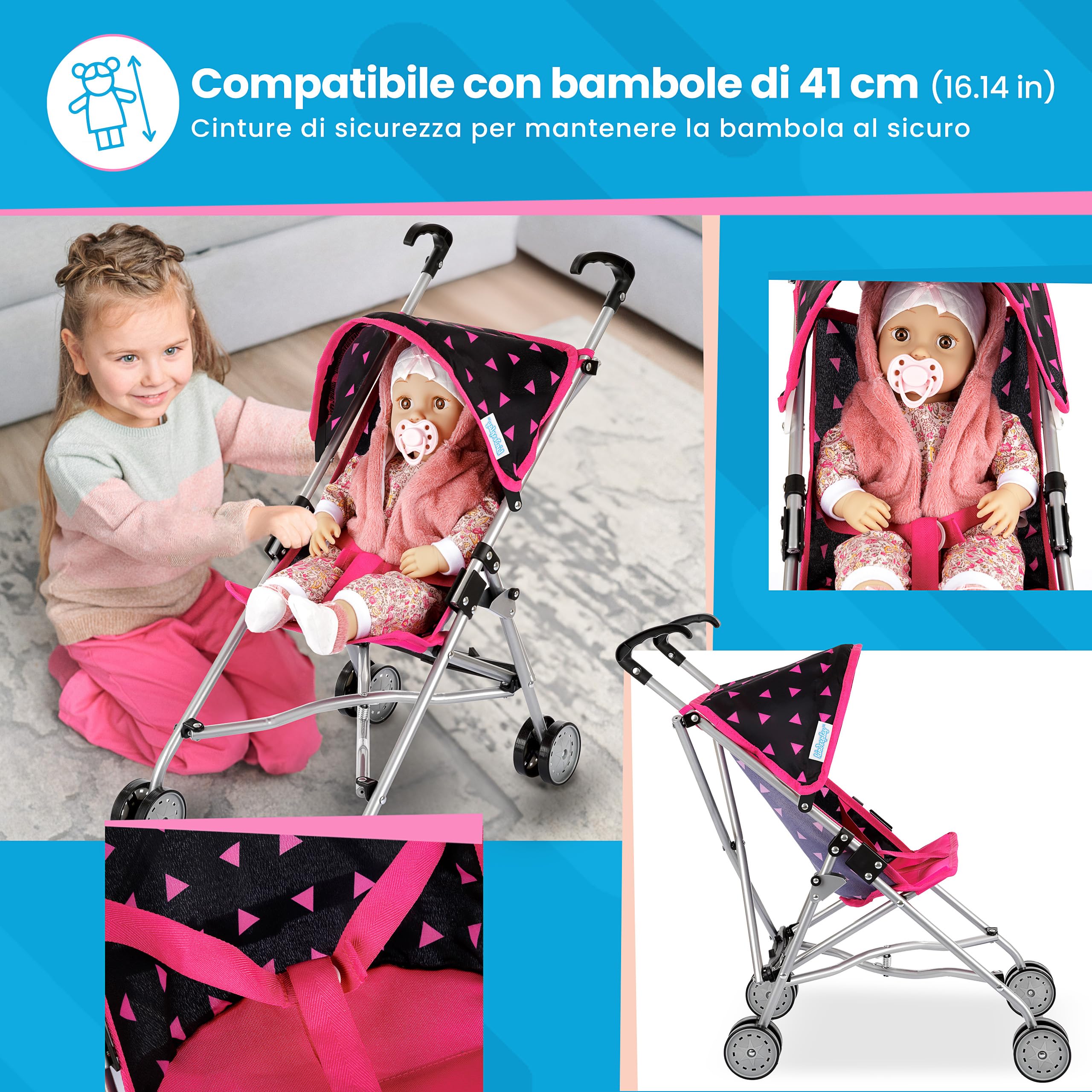 Kinderplay Passeggino per Bambole in Alluminio – Manico 54 cm, Leggero e Pieghevole – Per Bambini 2+ – Ruote Doppie Silenziose e Cintura di Sicurezza