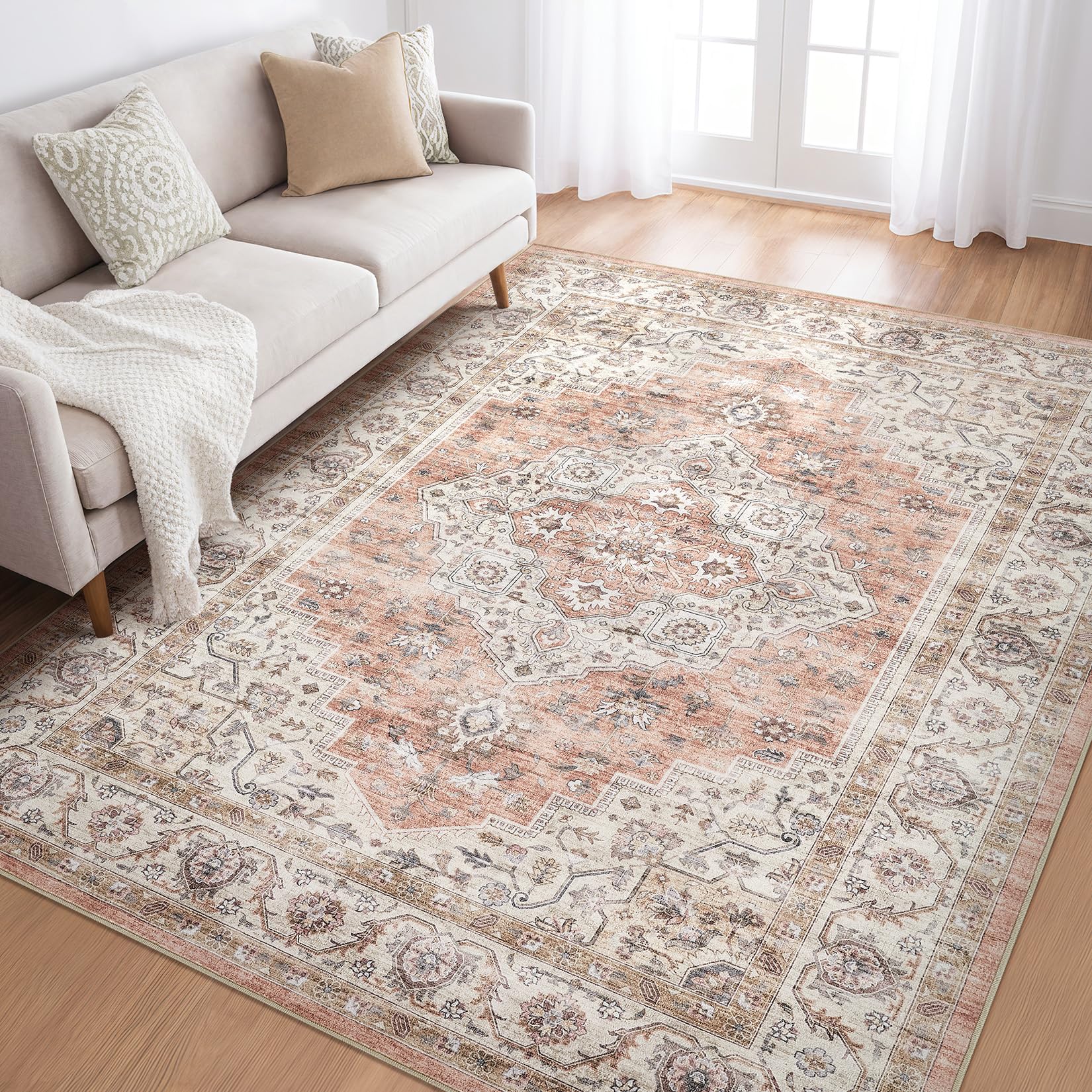 LOONGRUG 6x9 Area Rug Washable Vintage Boho Living Room Rug Pink Brown
