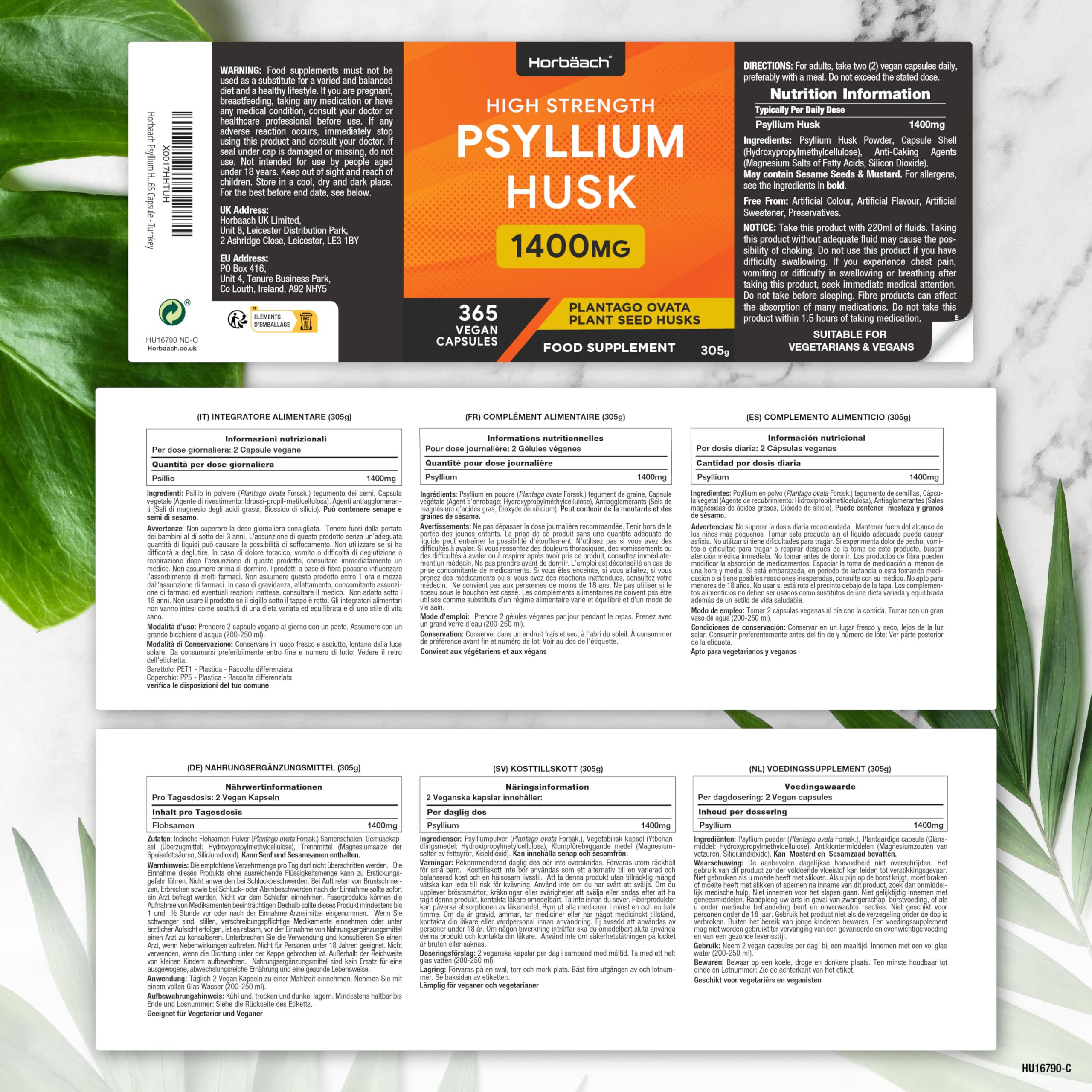 Psyllium Blond Gelules 1400 mg | 365 Psyllium Gelules Vegan | 6 Mois | Fibre de Psyllium Husk Haute Dosage | Prébiotique naturel | Horbaach