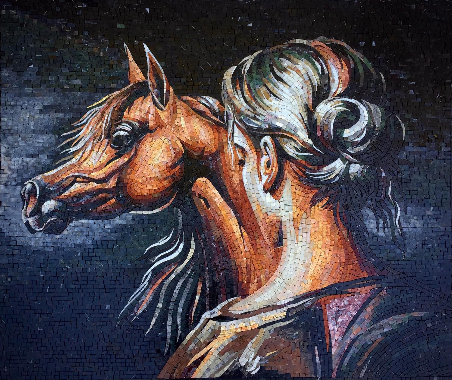 Handmade Strength and Emotion Marble Mosaic Wall Art, Horse Tile Mosaic Artwork, Hand-Cut Natural Stone Equestrian Wall Décor