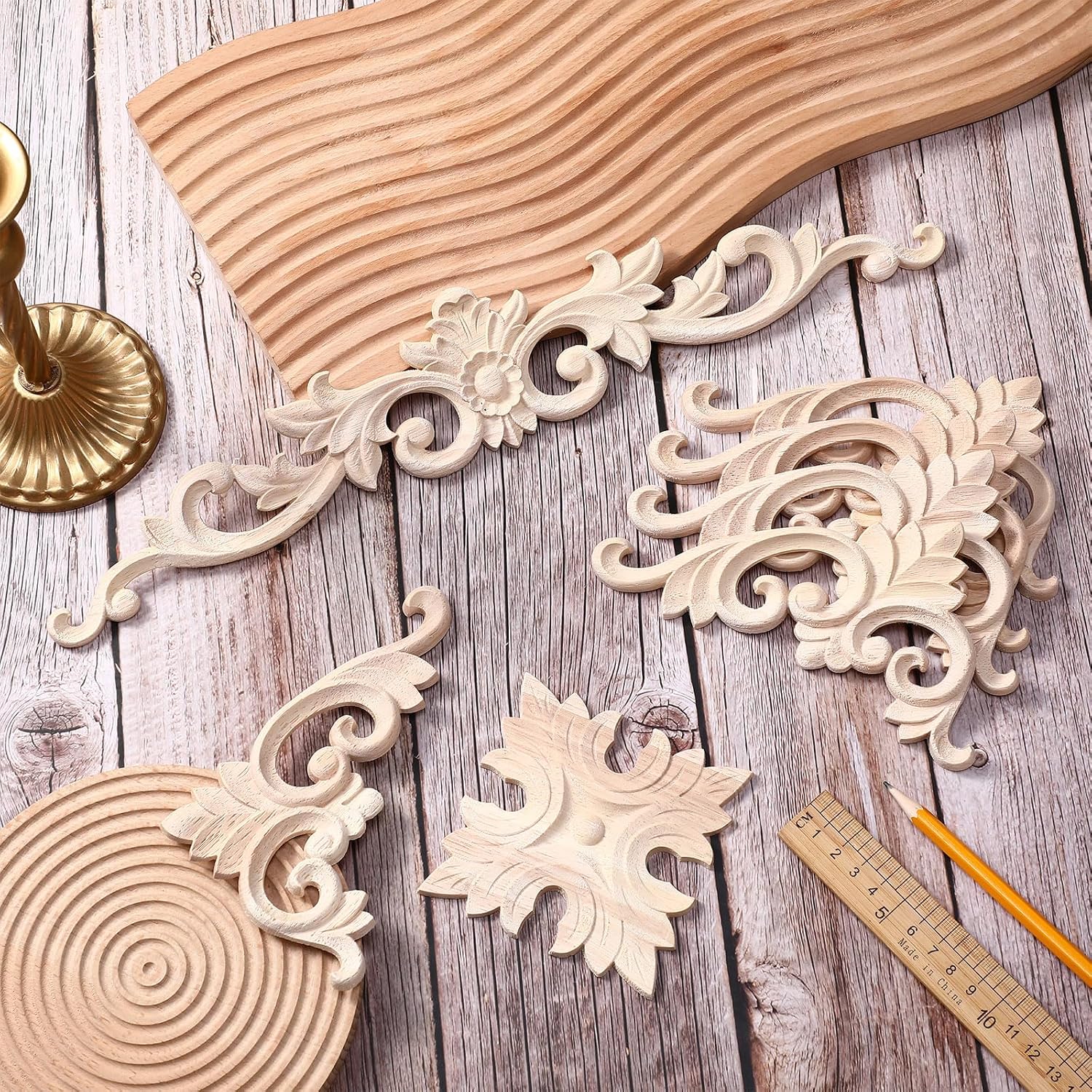 CroBlissful 8 Pcs Wood Appliques and Onlays for Furniture Carved Onlays DIY Decorative Wood Carving Decals for Wall Cupboard Door Bed Cabinet(Classic Style,Large Size)