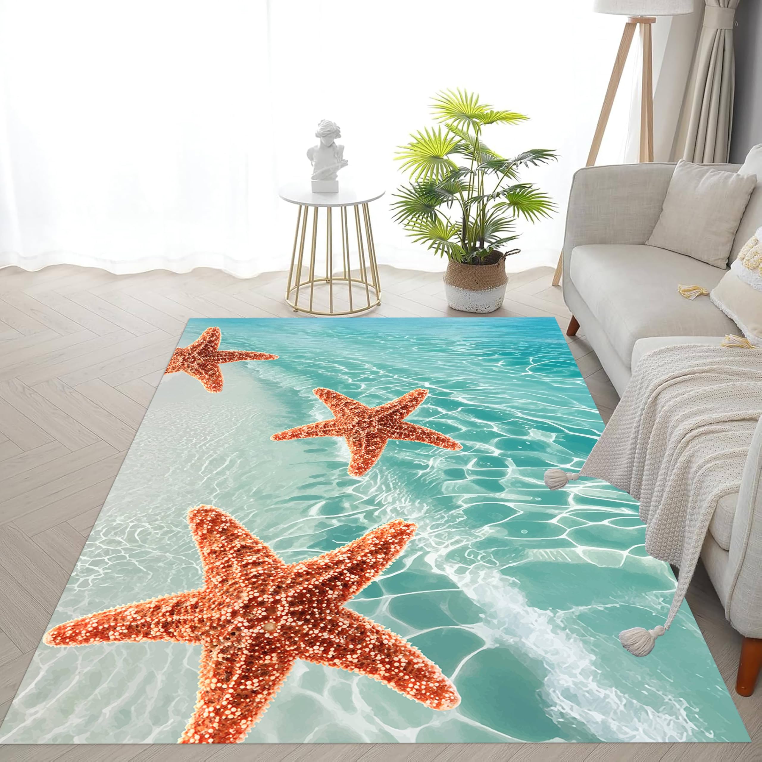 LHOMKCV Beach Themed Area Rug, 180x230cm, Clear Ocean Waves Large Starfish Home Decor Flat Carpet, Entrance Short Pile Machine Washable Gaming Rugs for Living Room Dining Room