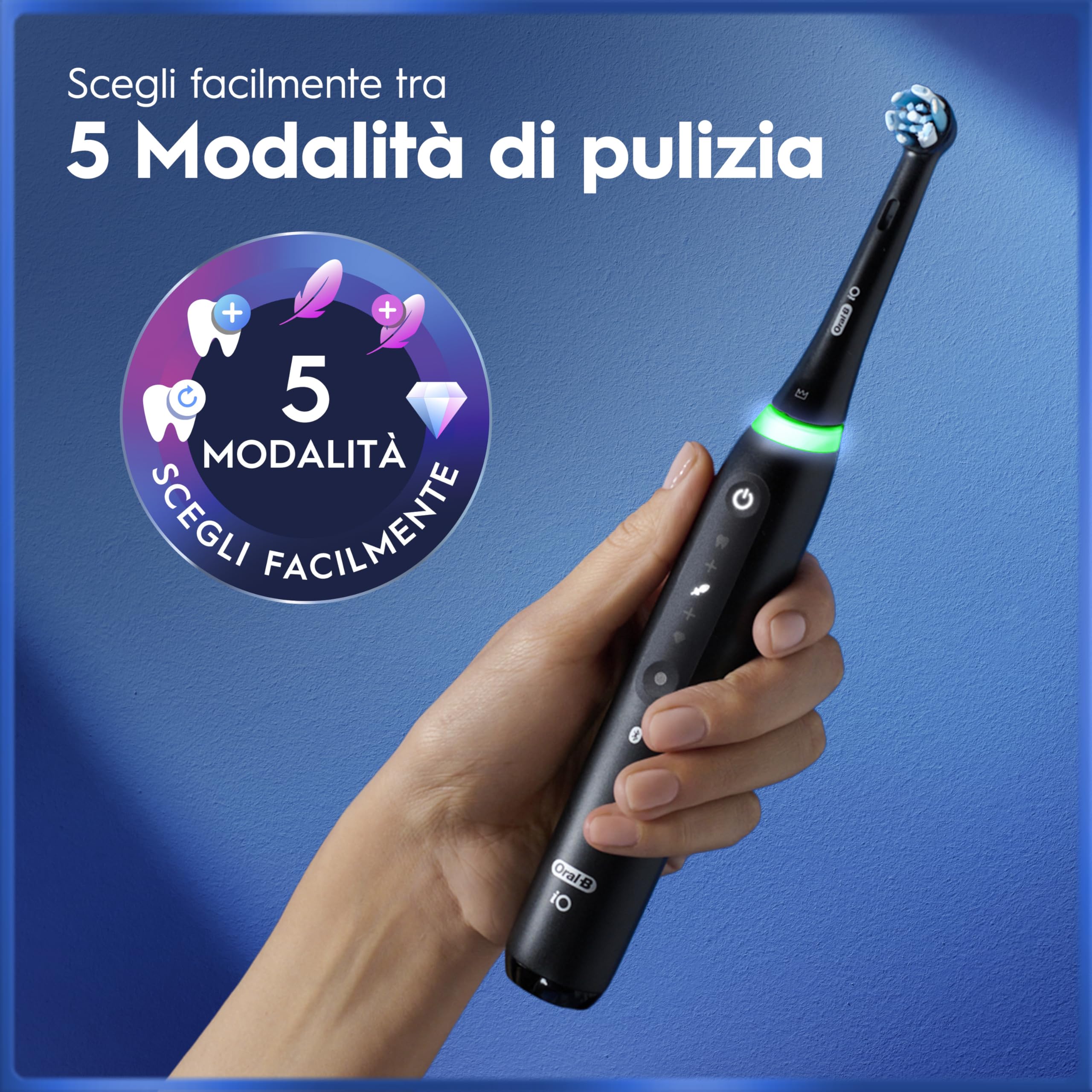 Oral-B iO 5 Spazzolino Elettrico, con 3 Testina di Ricambio, Custodia, Nero - 3 Testine di Ricambio per Spazzolino Elettrico, Ricaricabile, Custodia da Viaggio, Sensore di Pressione, Pulizia Denti