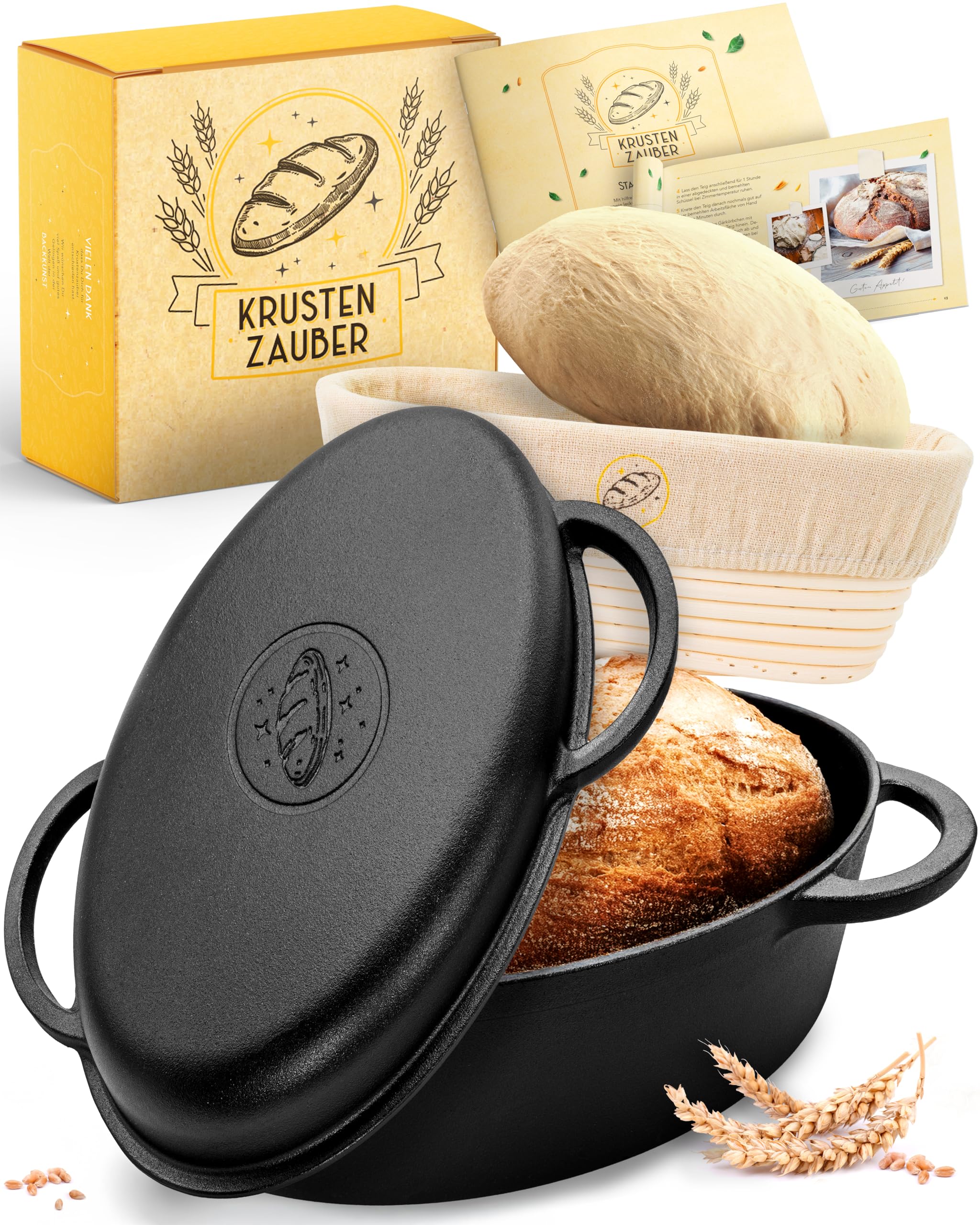 KRUSTENZAUBER 34 cm cast iron roasting dish with lid, oven-safe, including proofing basket, oval cast iron pot, bread baking, ideal as an oven mould, roasting dish induction, bread baking pot, bread