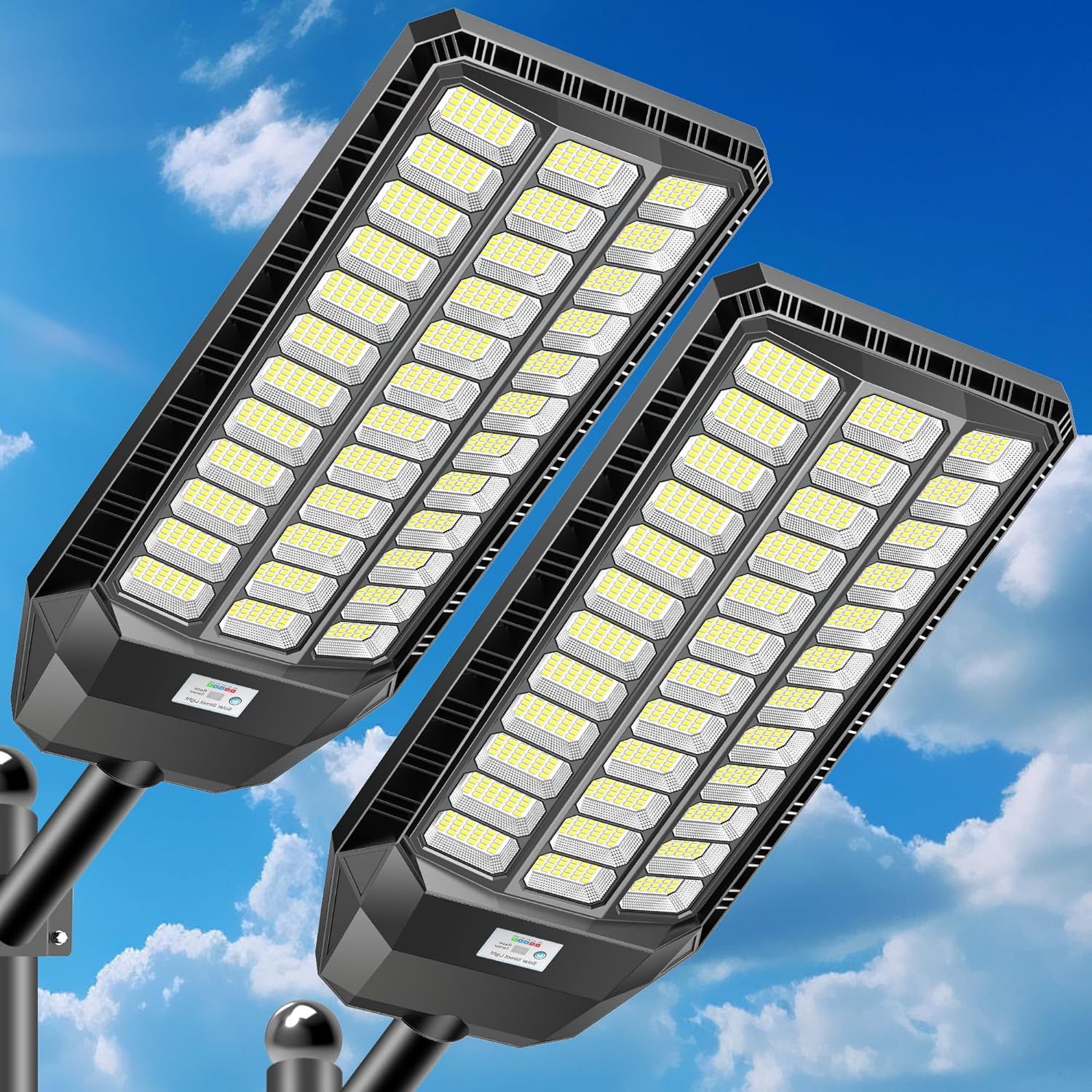 CEDIO 12000W Commercial Grade Solar Street Light, IP67 Waterproof Heavy Duty LED Flood Light with Remote & Motion Sensor, Dusk to Dawn Security Light for Parking Lot, Farm, Property, Yard, 2 Pack