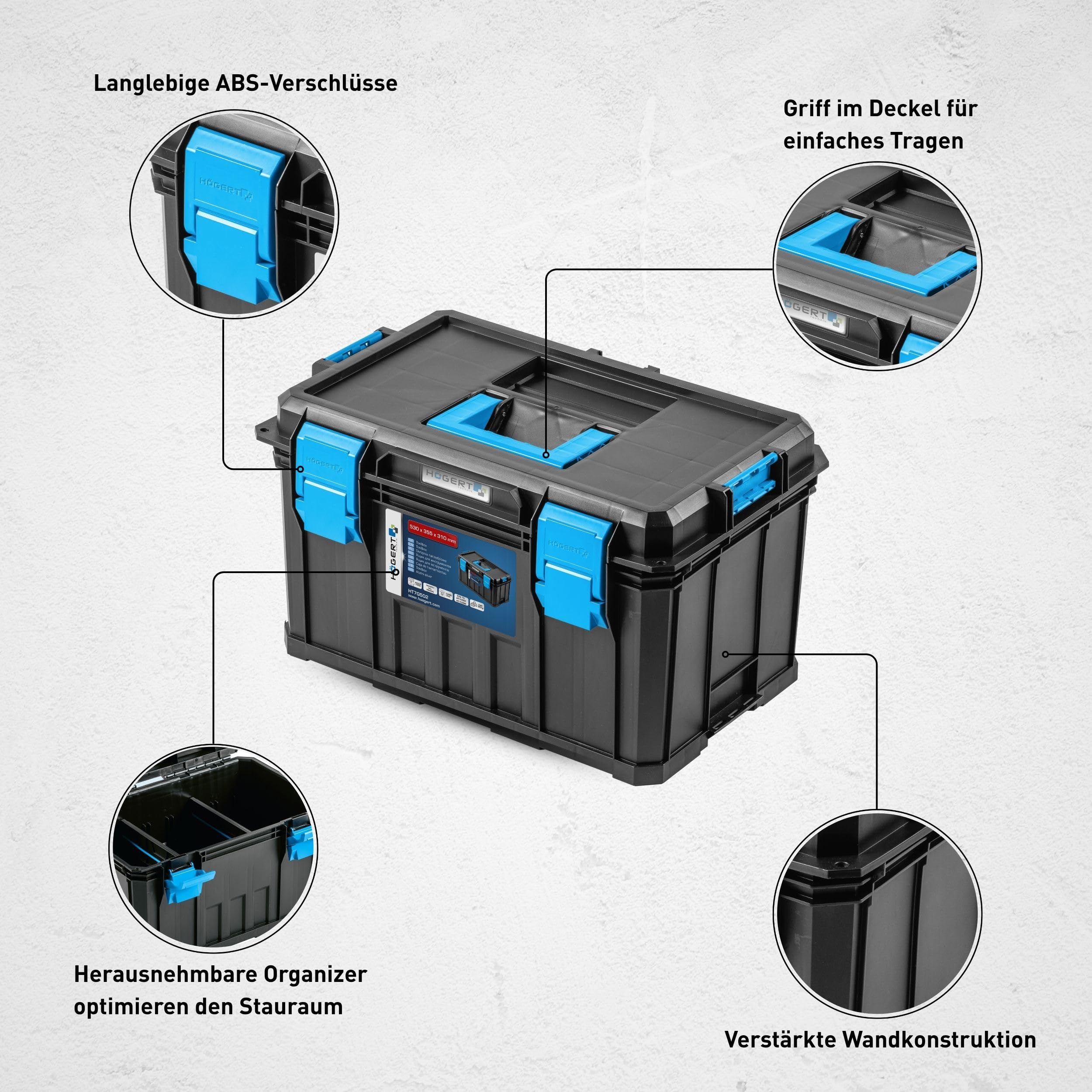 Högert Technik - Werkzeugkasten, Tragfähigkeit bis zu 50 kg, Praktisch und Geräumig, Resistent Gegen Beschädigungen, Staubdicht, Robuste ABS-Verschlüsse, Modularer Aufbau - HT7G502
