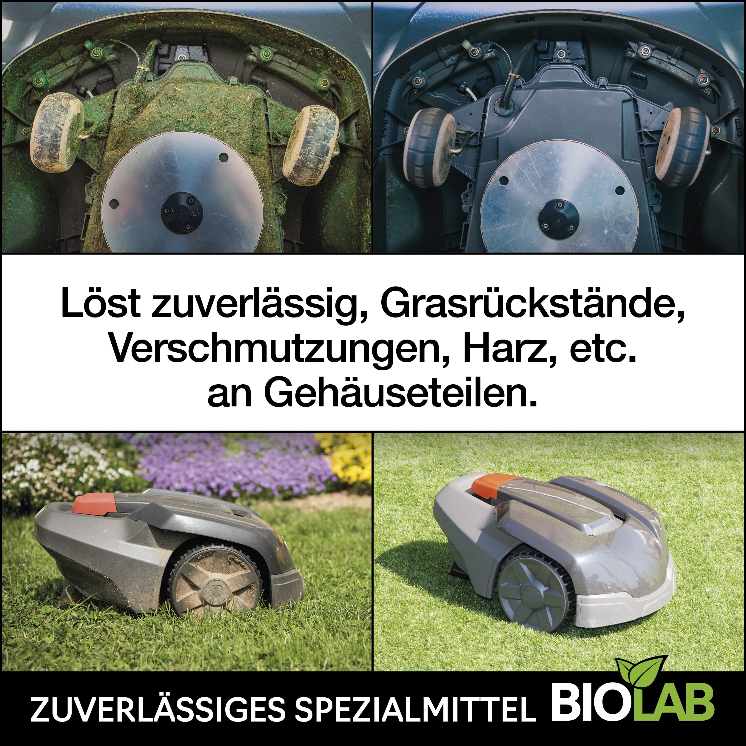 Biolab Bio Mähroboter Reinigungsset, zur Reinigung von Rasenmäher Roboter, 1000 ml Reiniger Konzentrat plus Sprayflasche zum Mischen