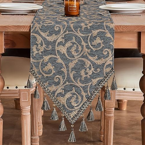 Miniatura 8 de Loom and Mill Camino de mesa de lujo de 90 pulgadas de largo, elegante camino de mesa de damasco jacquard con borlas múltiples hechas a mano para