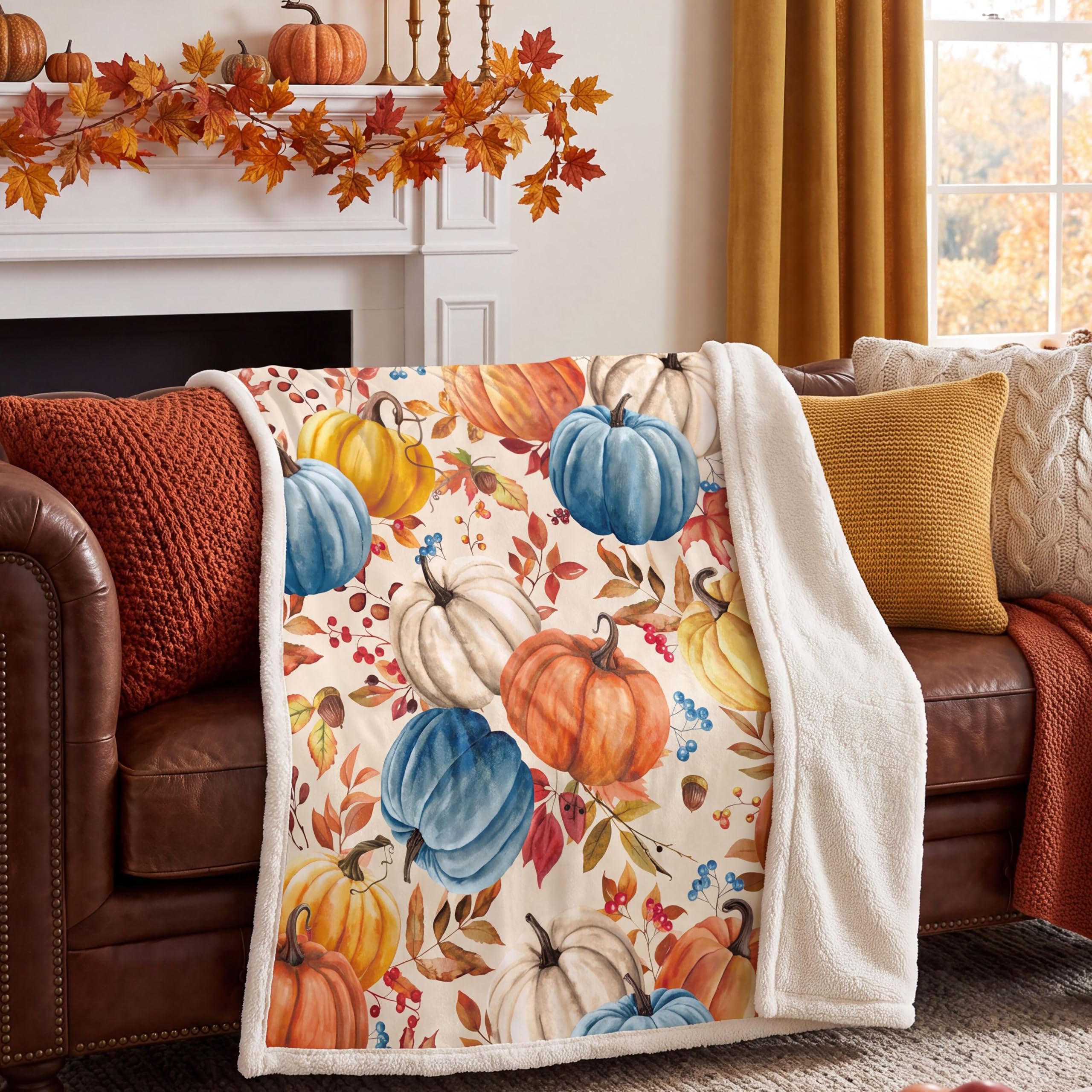 Amazon.com: Fall Pumpkins Throw Blanket, Autumn Orange White Blue