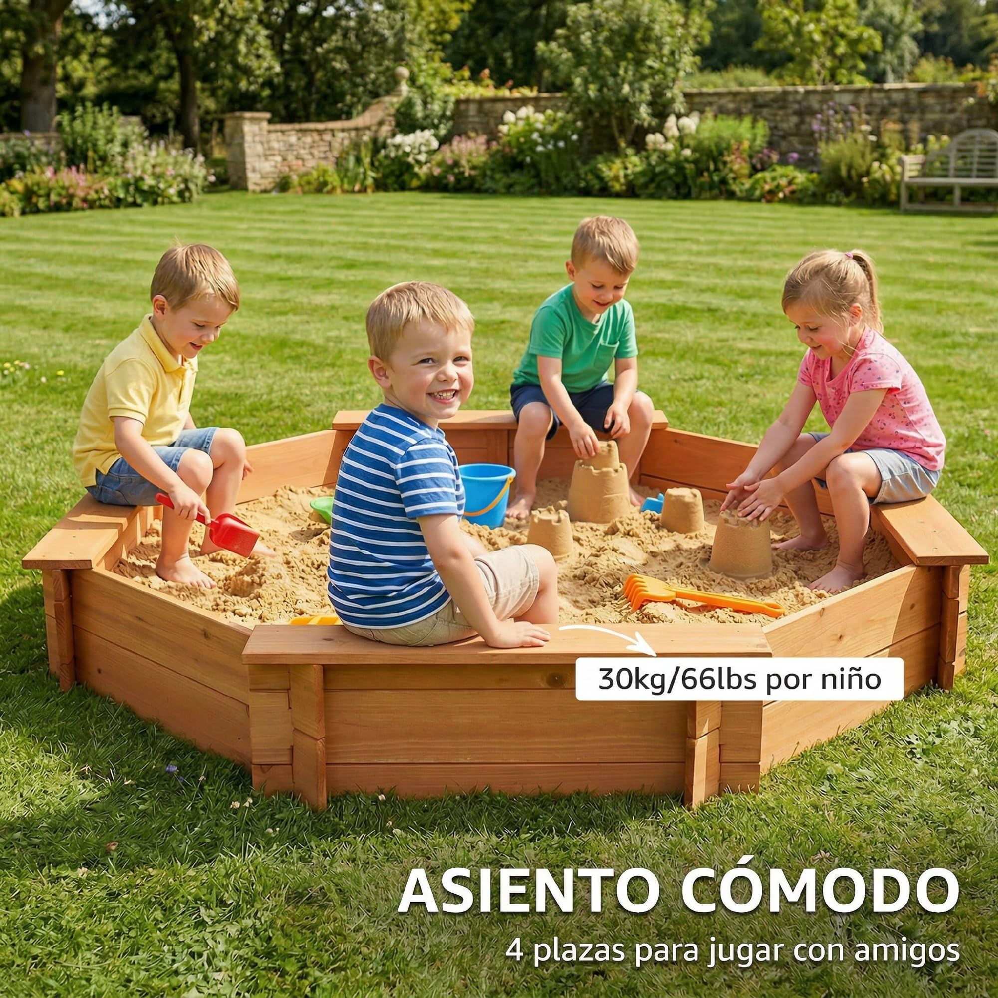 Outsunny Arenero Infantil Octágono de Madera con Cubierta de Poliéster 139,5x139,5x21,5 cm Rojo y Azul