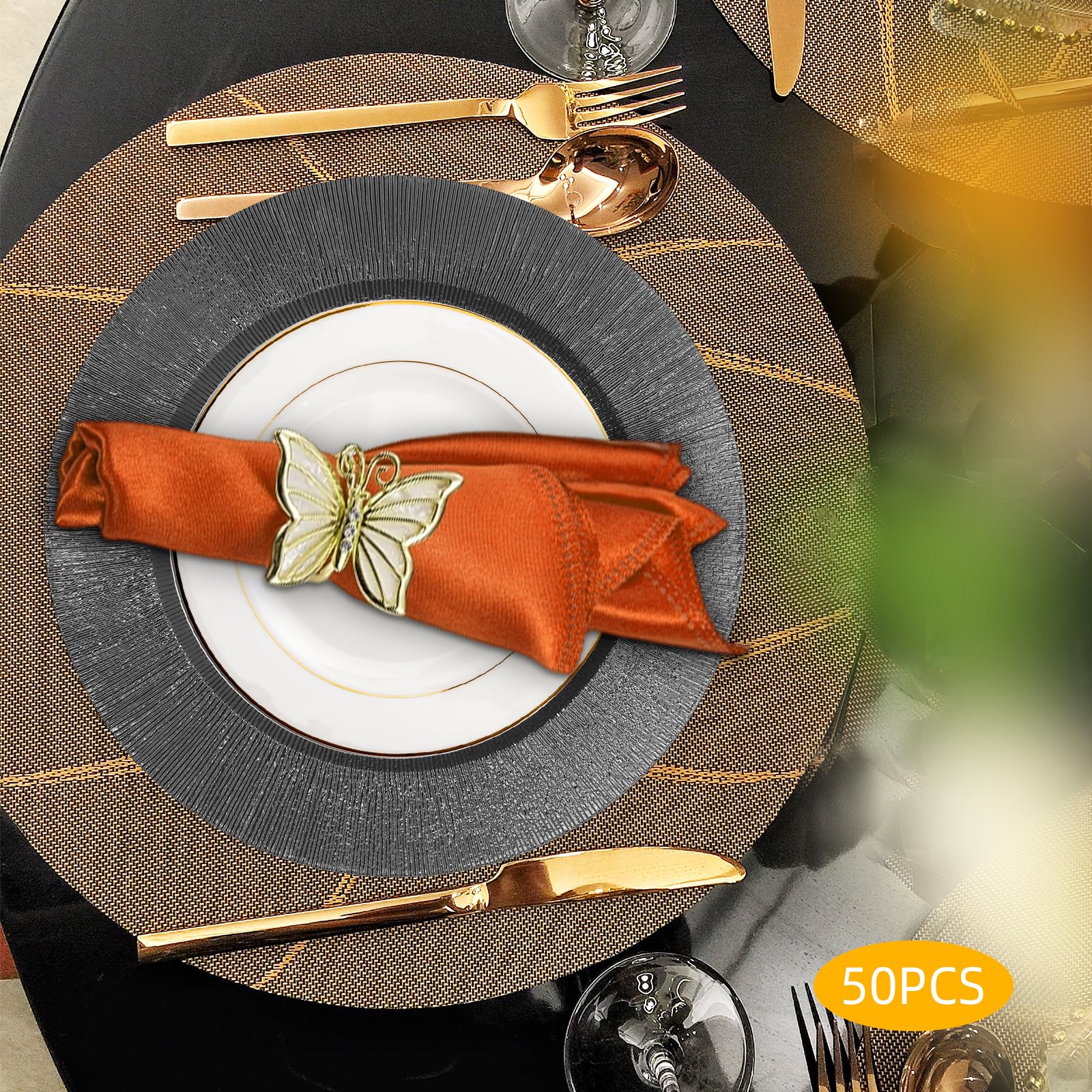 YIYIBYUS 50-Pack Reusable Charger Plates Set 12.99 Inch Round PP Under Plates for Events, Wedding Decor, Restaurant - Matte (Black)