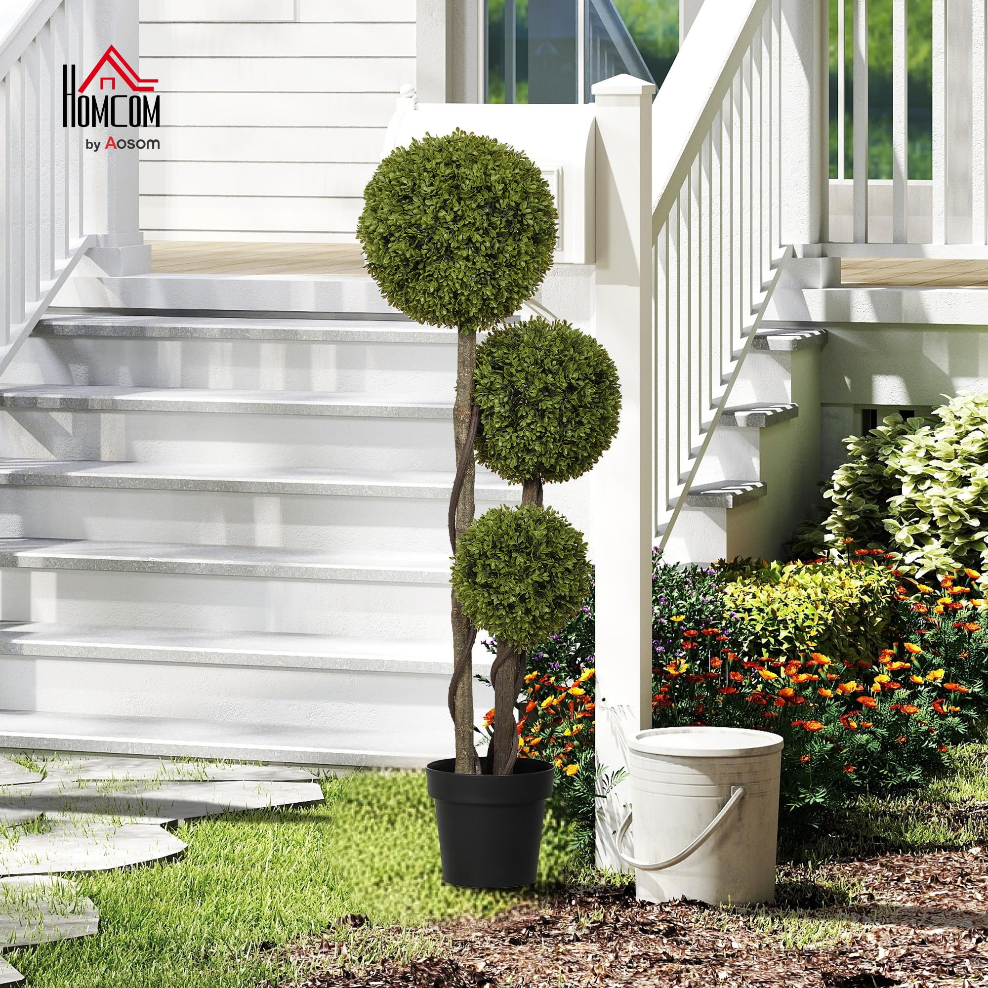HOMCOM 1,16m Árbol topiario Artificial de boj en Maceta Verde Claro | Planta artificial, árbol de tres bolas, interior y exterior