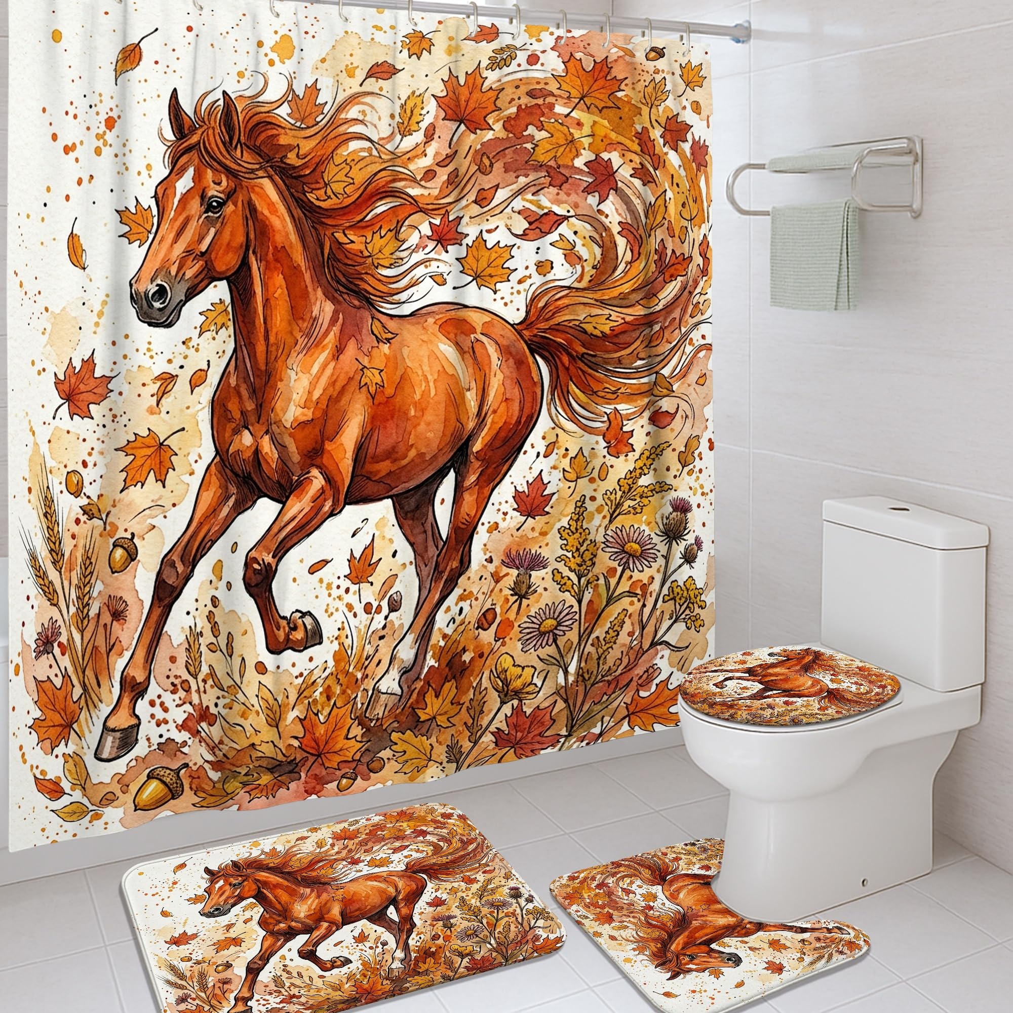 Rideau de douche cheval avec tapis lavable pour éviter les éclaboussures et décorer le sol