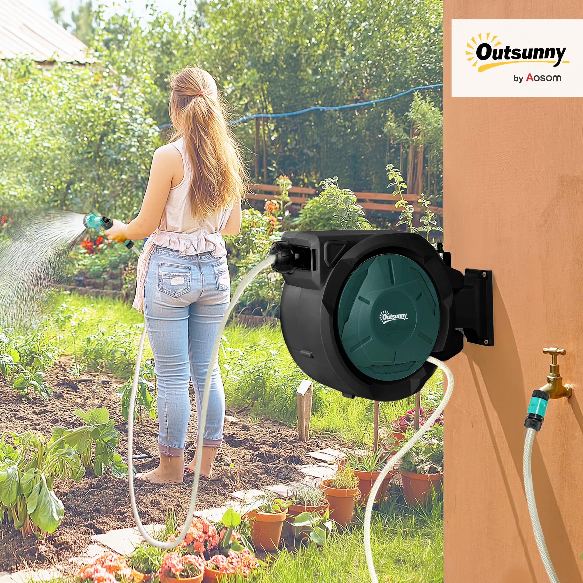 Outsunny Avvolgitubo da Giardino Retrattile con Tubo dell'Acqua 30+2 m, Avvolgitubo da Parete & da Manico, Girevole a 180°, con Blocco e 7 Modalità di Spruzzo per Irrigazione in PP, Nero