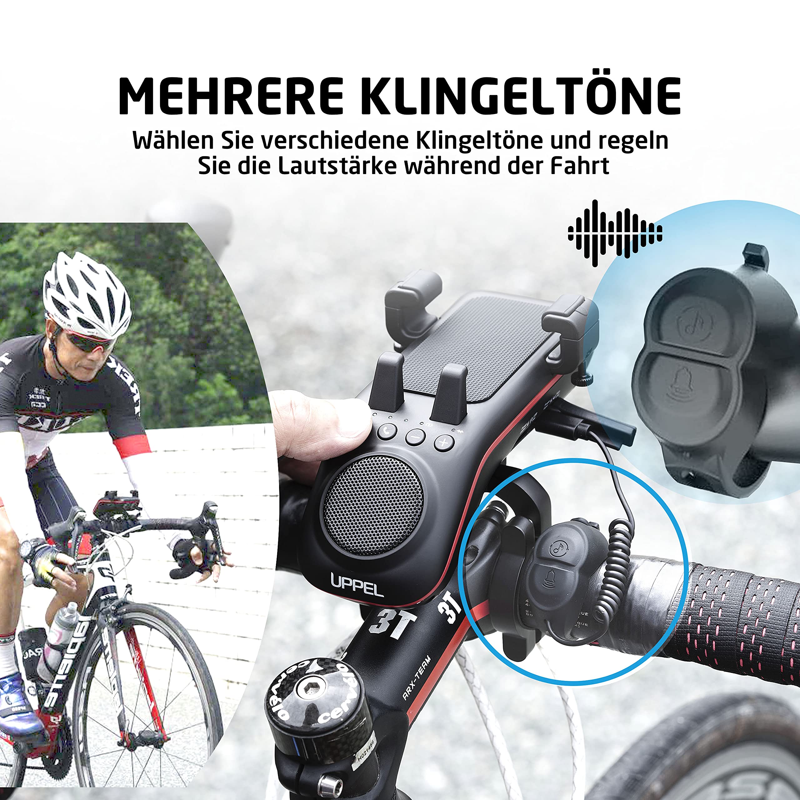 UPPEL Głośnik rowerowy Bluetooth, wielofunkcyjny, wodoszczelny rower audio, powerbank/dzwonek/mikrofon, tryb TF/SD/AUX, ekstremalny i rekreacyjny, do jazdy na rowerze i rowerze górskim, czarny