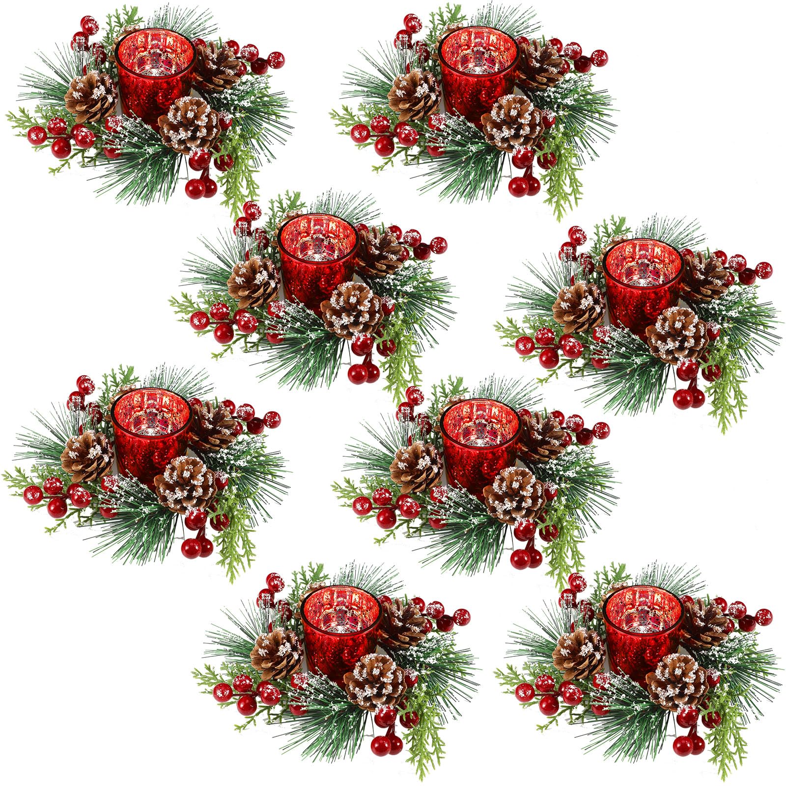 Christmas Table Centerpieces Glass Votive Candle Holder with Artificial Snowy Pinecone Berry Christmas Candle Rings Decoration for Home Party Christmas Table Mantel(8 Set)