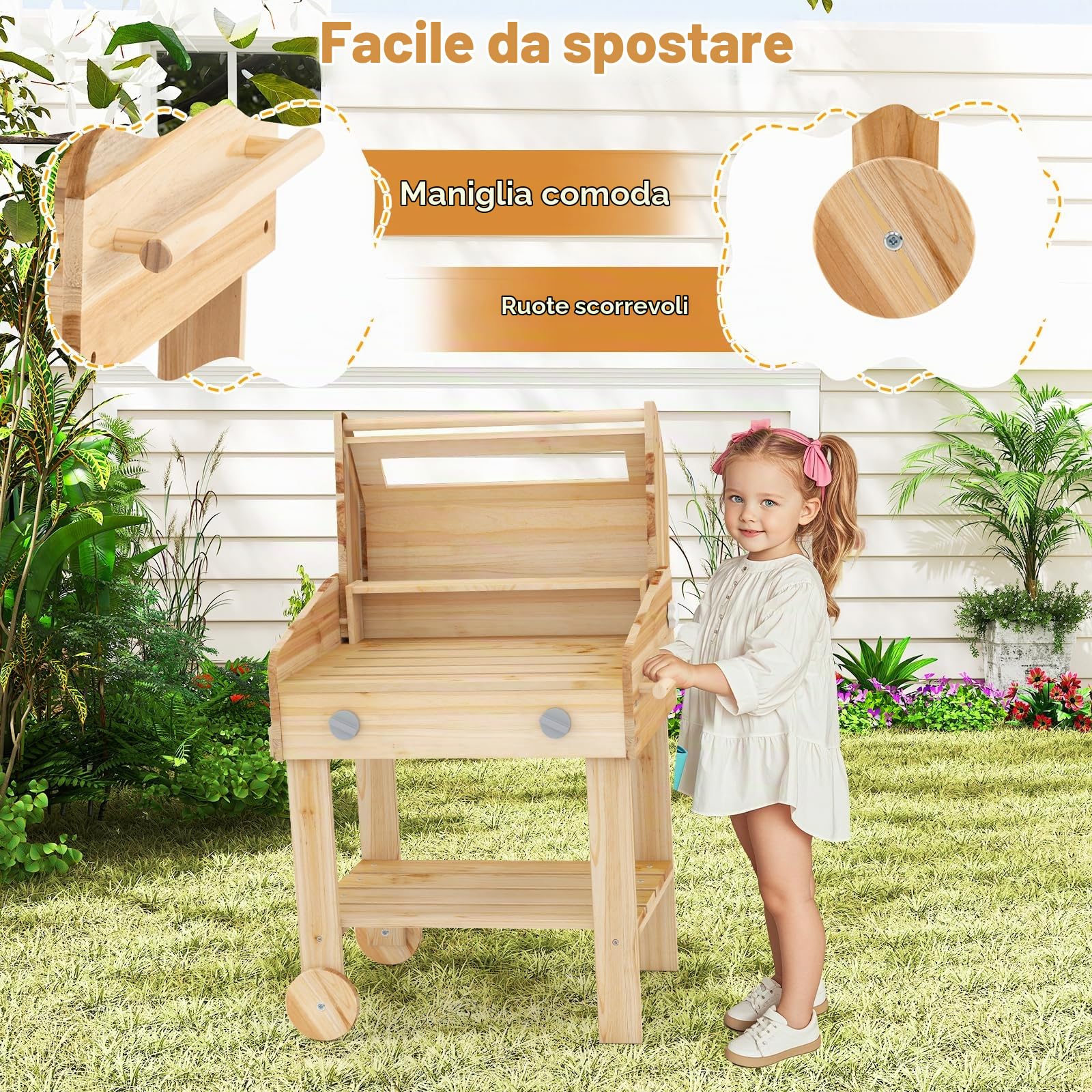HOMASIS Barbecue Giocattolo per Bambini in Legno, Gioco Griglia Bambini con Utensili da Barbecue e Barattoli di Spezie, Cucina per Bambini dai 3 Anni in su, 53 x 36 x 63 cm, Naturale