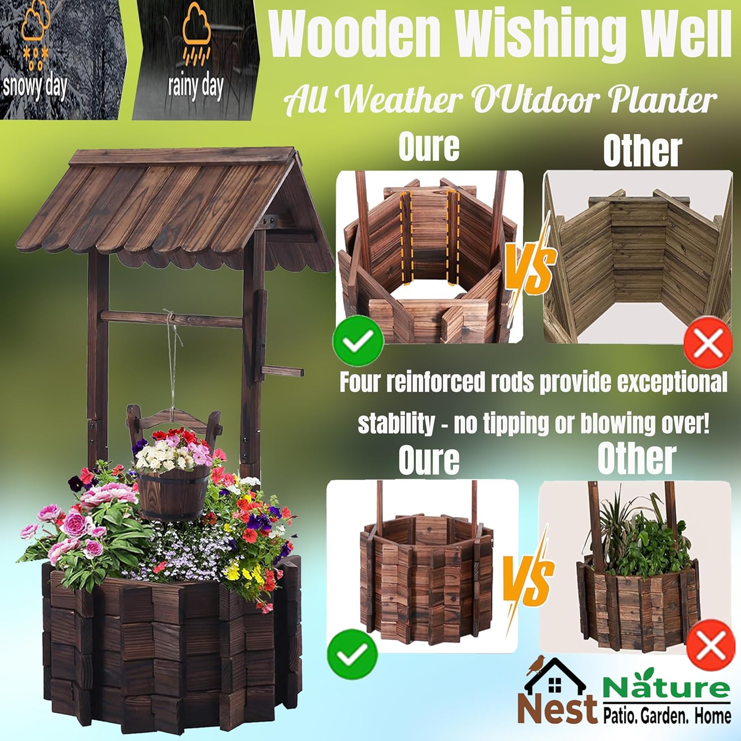 NestNature Wooden Wishing Well Outdoor Planters, Wishing Wells for Outside,Well Covers,Rustic Garden Wells Decor for Outside, Yard, and Patio, Upgrade Reinforced Base-Carbonizing Color