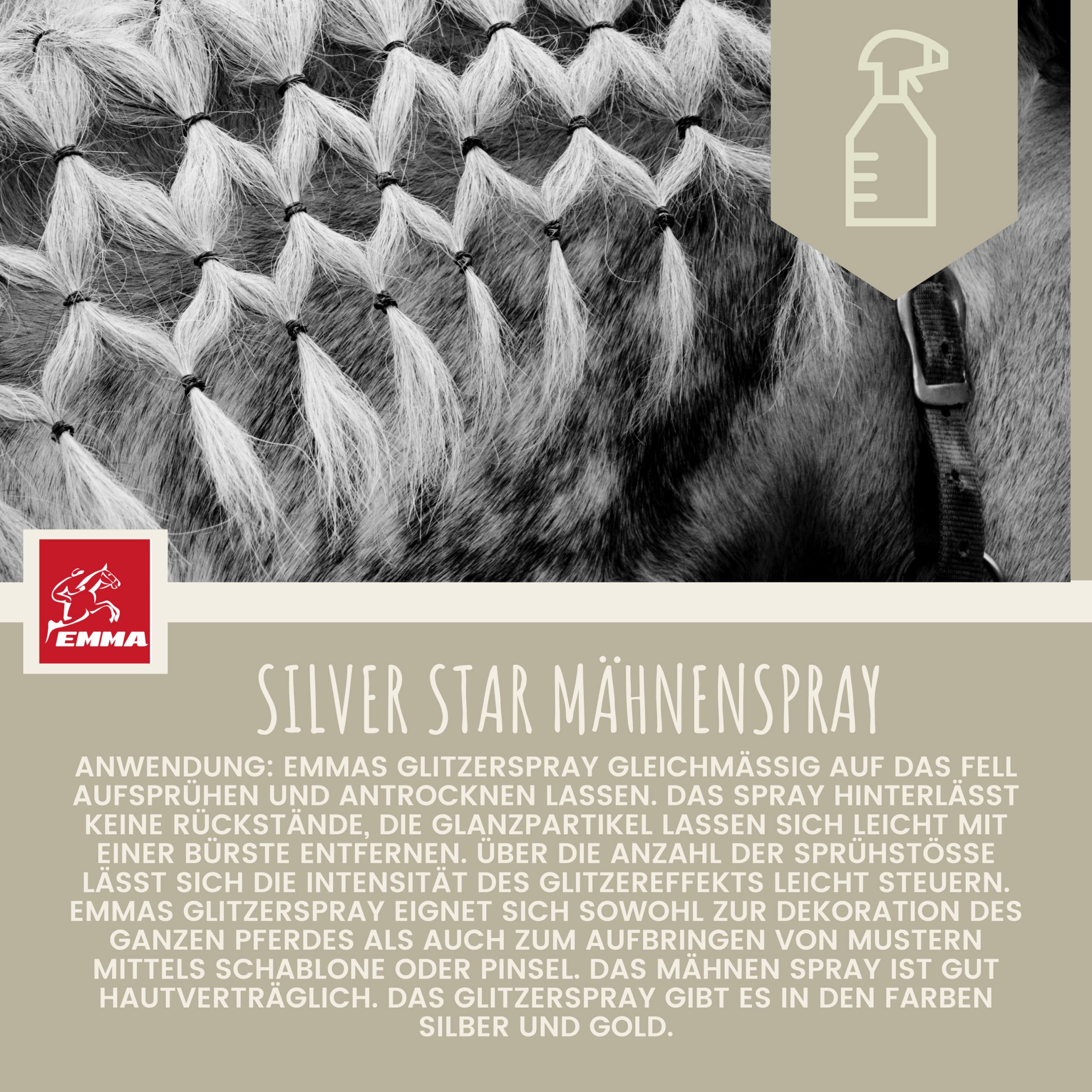 EMMA® Glitter spray for horses silver + horse mane and tail spray, coat