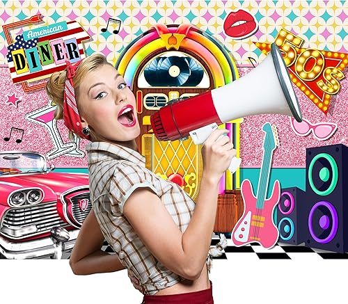 Miniatura 2 de SVBright Fondo de fiesta Rock Roll de los años 50, 7 pulgadas de ancho x 5 de alto, vintage Soda Shop Back to 1950s Pink Classic Guitar Box Racing