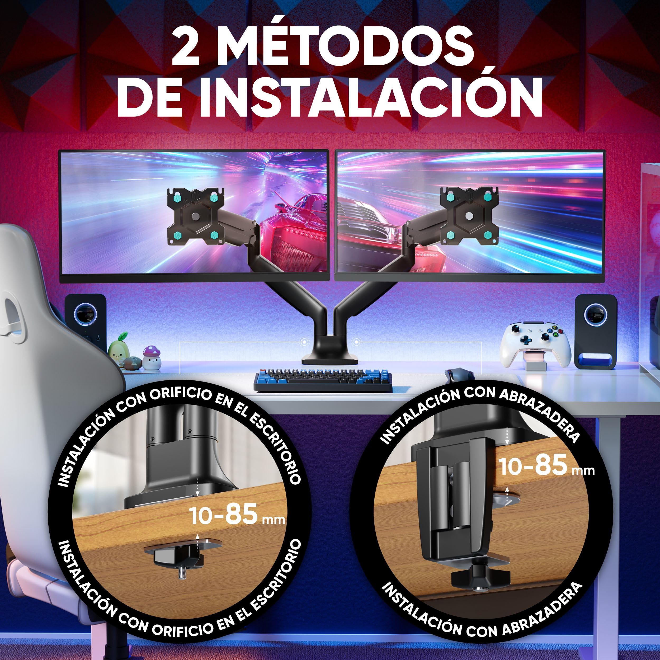 ONKRON Soporte Monitor Doble 13-32 pulgadas, Carga Total hasta 18 kg, VESA 75x75-100x100, Brazo Monitor Doble Articulado, Ajustable, Giratorio e Inclinable, Soporte 2 Monitores Escritorio Negro G200-B