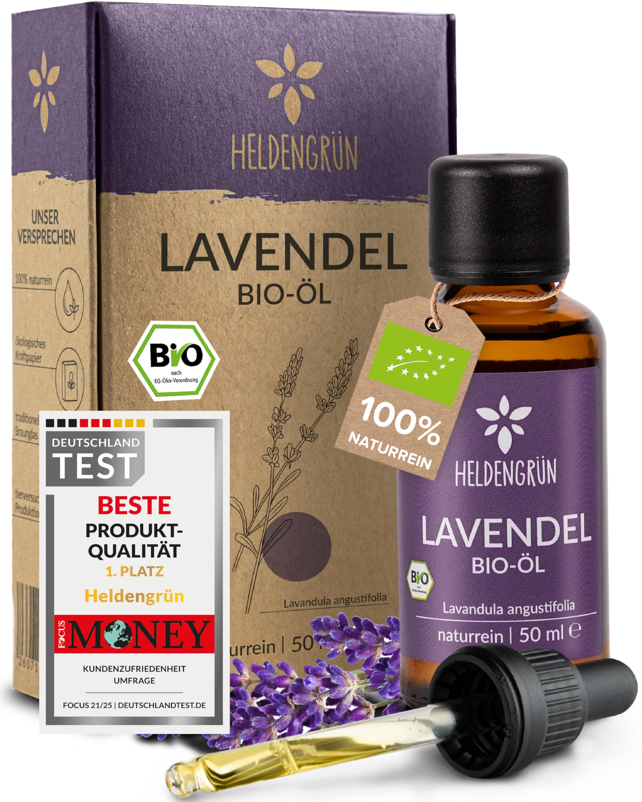 Heldengrün® Organic Lavender Oil 50 ml [Includes Pipette] - 100% Natural - Lavandula Angustifolia - Organic Essential Oil - Lavender Fragrance Oil - Advantage Size