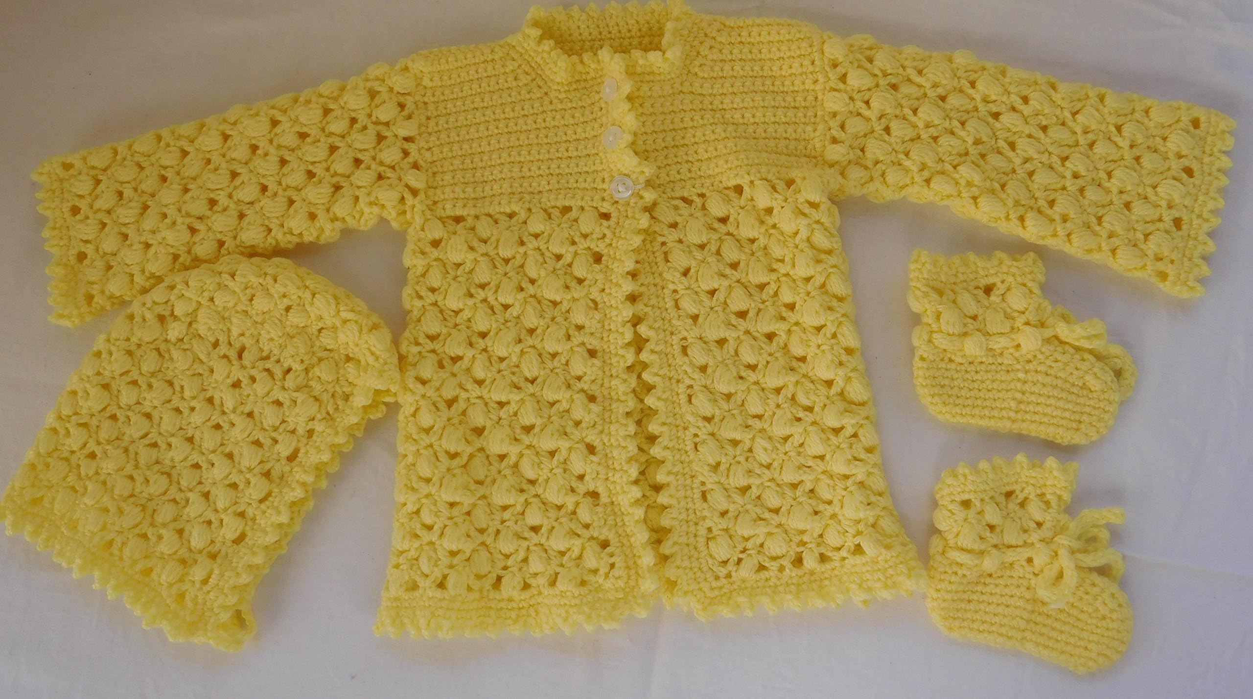 Infant Baby Saque Sweater Set Jacket Booties Hat Yellow Puff