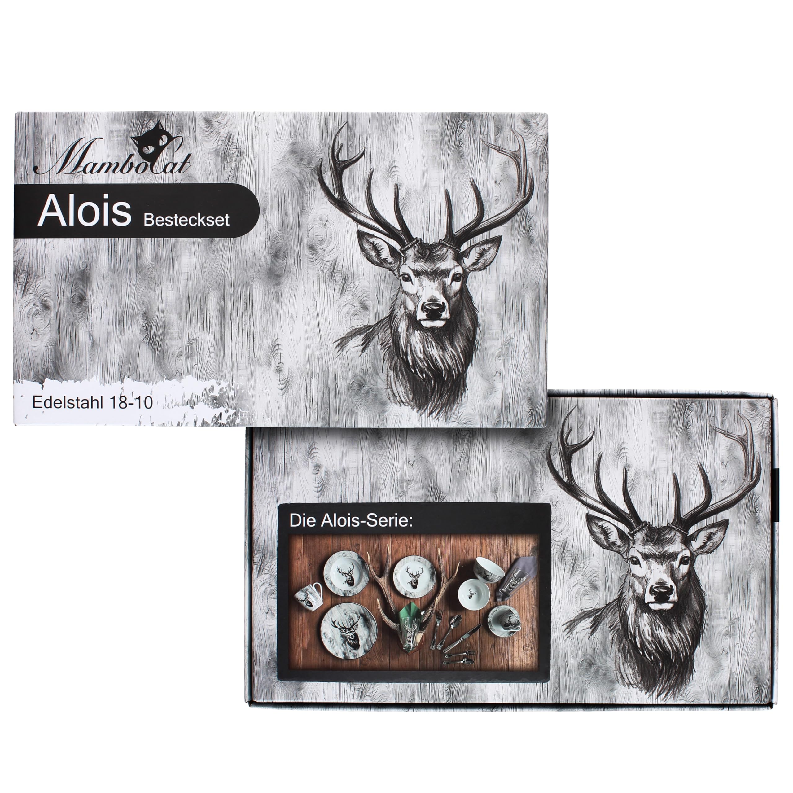 MamboCat Alois 60tlg Komplett-Besteck-Set I für 12 Personen I Augsburger Faden mit Hirsch-Design I aus rostfreiem poliertem 18/10 Edelstahl & Klingenstahl I Gabel, Messer & Löffel