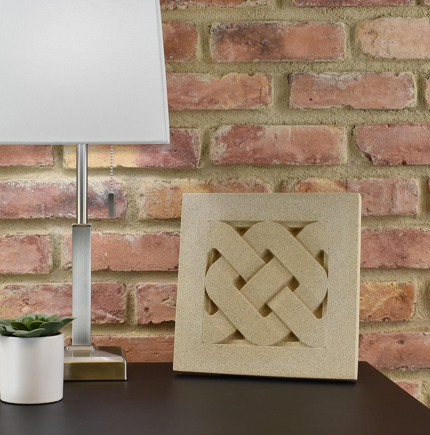 Sculpted Architectural Bas Relief 3D Tile Plaque Ornament, Solid Cast Stone, Plait Design, 9.5"x9.5" for Wall Hanging or Tabletop Display (Buff with Keyhole)