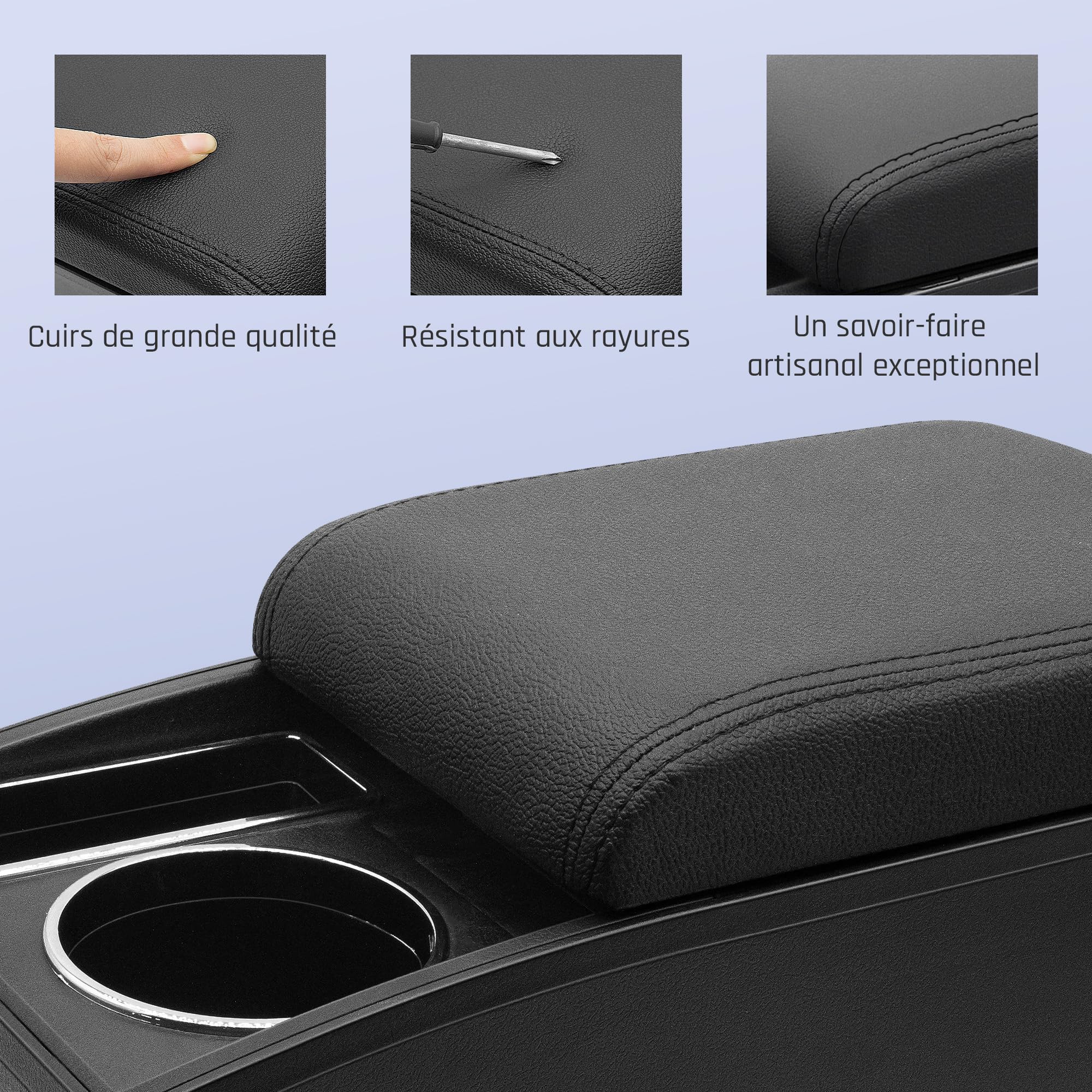 Accoudoir Voiture pour Citroen Berlingo 2010-2020 | Espace de Stockage à Deux Niveaux, Porte-boissons, Montage Facile, Accoudoir de Voiture Réglable, Cuir PU, Ligne Noire