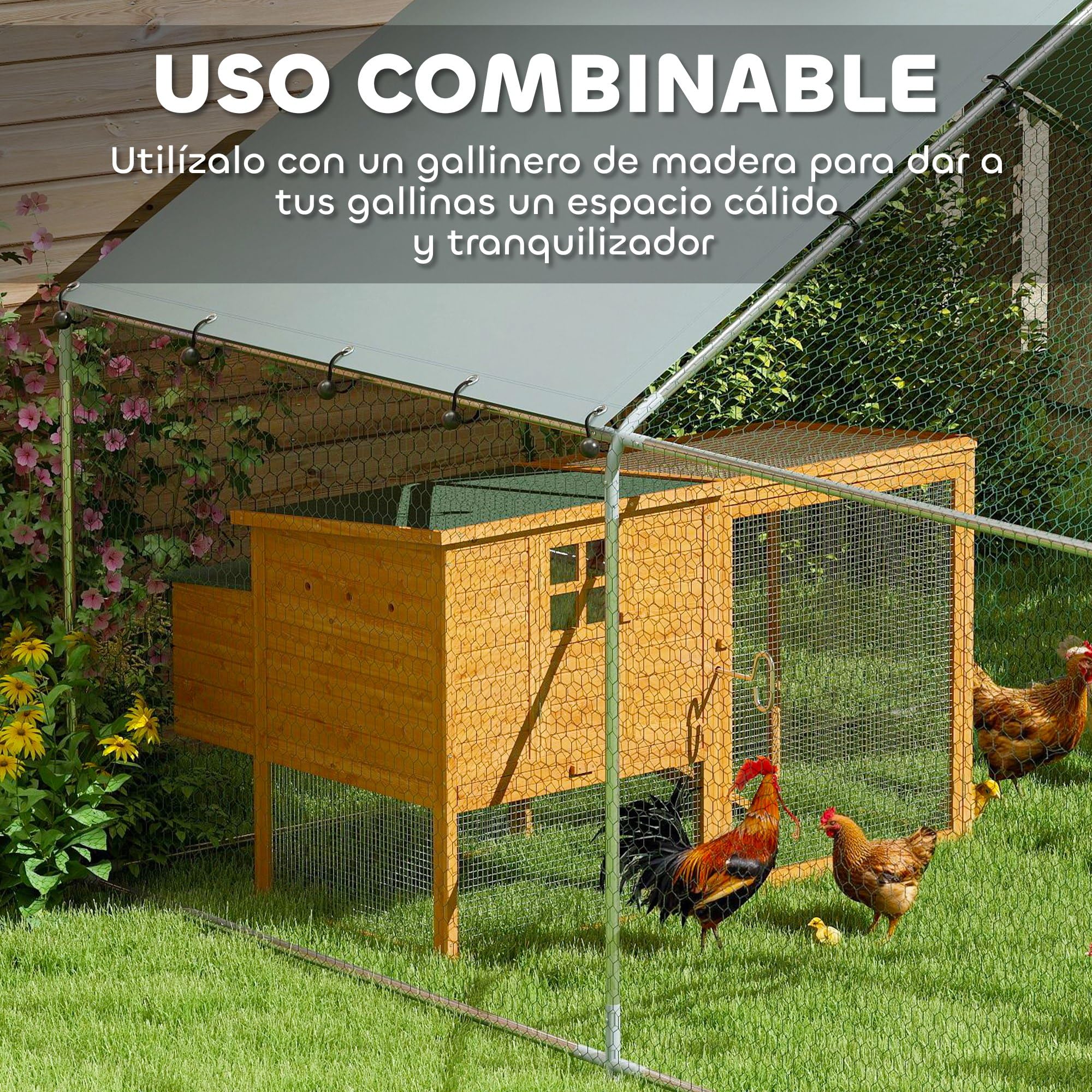 PawHut Gallinero Exterior Grande 3x3,4x1,9 m Acero Galvanizado Puerta Doble Cierre Cubierta Tela Oxford Anti-UV Impermeable para 10-15 Gallinas