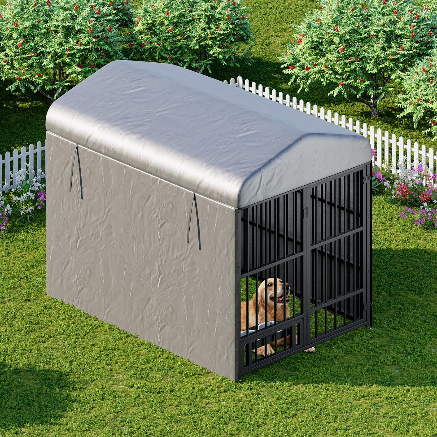 HOOBRO Outdoor Dog Kennel with Cover, 6.6 x 3.9 x 5.9 ft Dog Kennel Outside with Waterproof Roof and Rotating Feeding Bowls, Heavy-Duty Large Cage Enclosure, for Medium & Large Dogs, Black BK212GW03