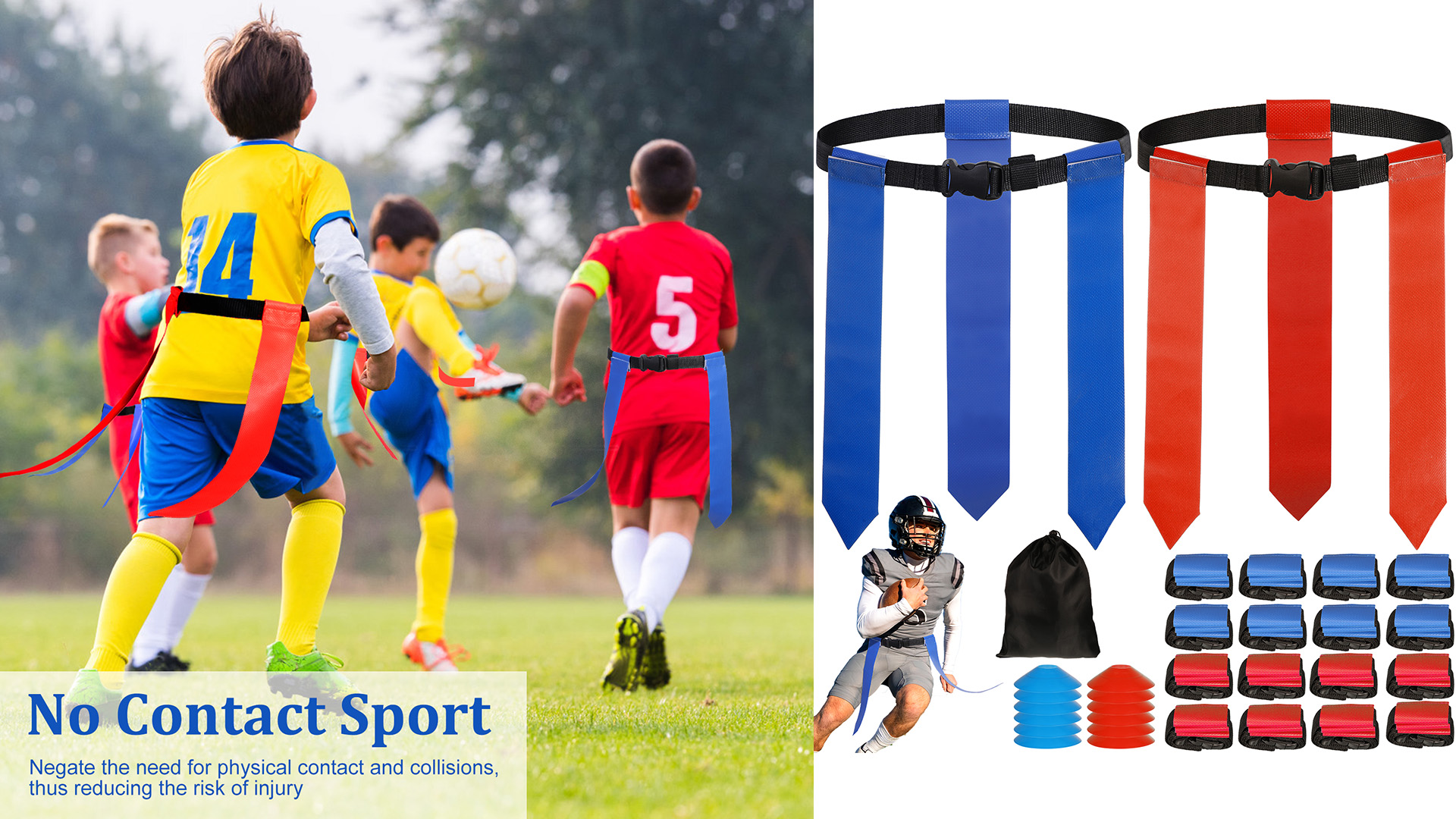 Flag Football Set, 14 Player Flag Football Belt And Flag Set, Easy Tear Off Belt For Kids Or Adults Flag Football Players Complete Indoor Outdoor Training Set (Red And Green