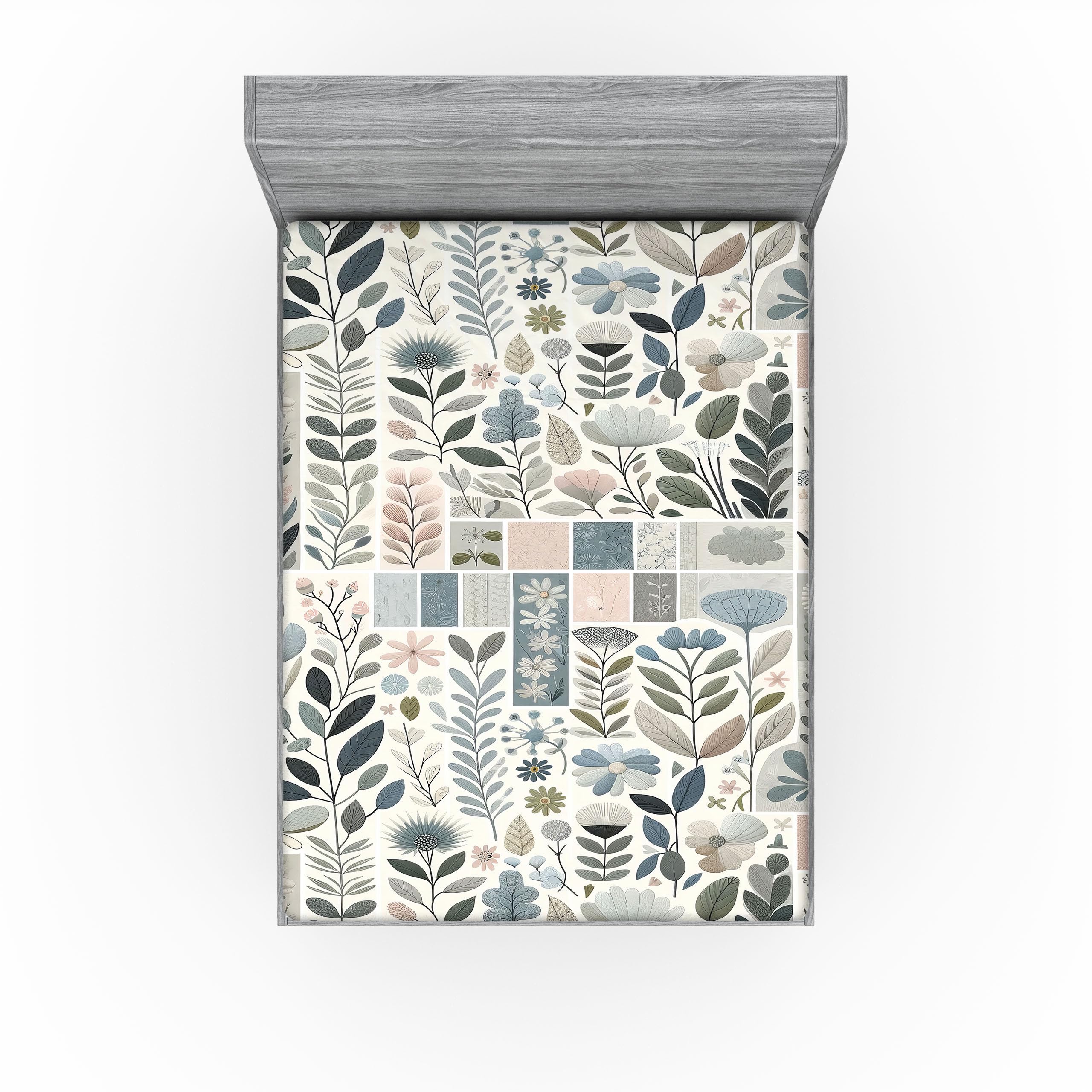 Ambesonne Floral Art Fitted Sheet, Modern Boho Vibes Scandi Leaves and Flowers with Geometric Ornaments, Bed Cover with All-Round Elastic Deep Pocket for Comfort, King Size, Blue Grey Blush Ivory