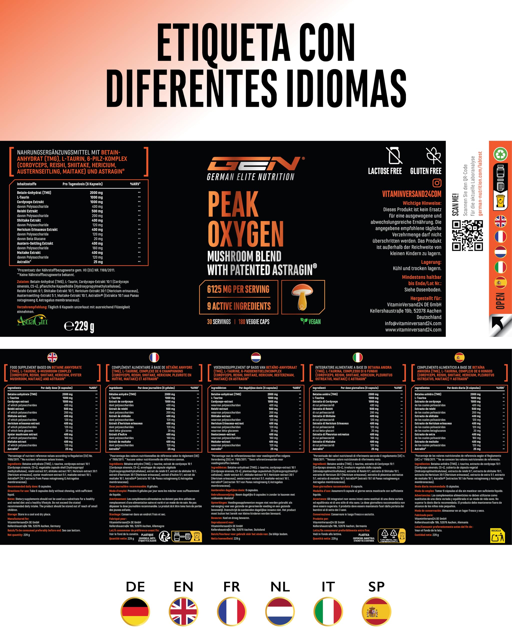 Peak Oxygen - 180 Cápsulas Vegan - 6125 mg por Dosis Diaria - Complejo de 6 Hongos con Cordyceps, Reishi, Shiitake, Hericium, Maitake y Seta de Ostra - TMG, Taurina y Materia Prima de Marca: AstraGin®