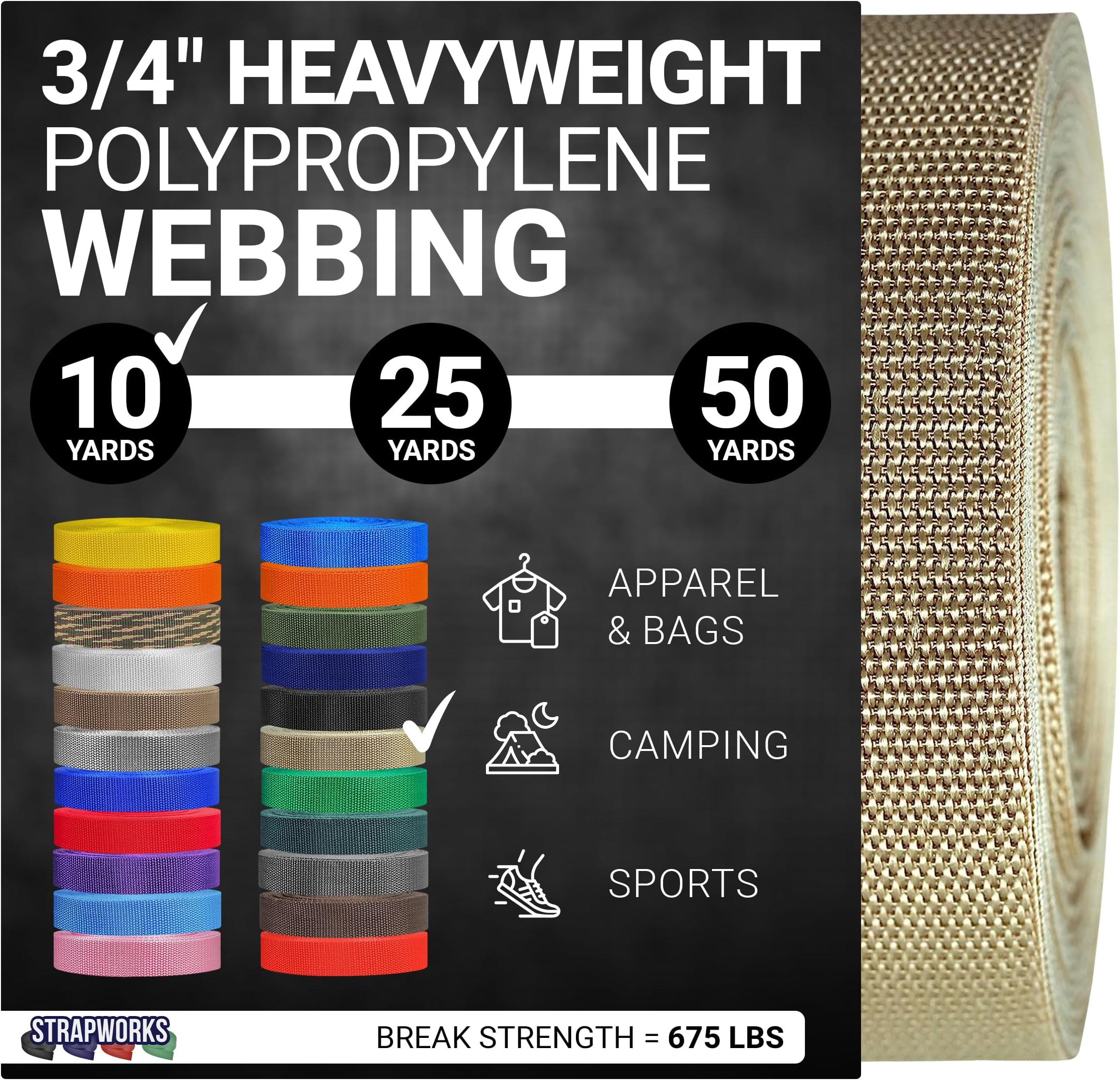 Strapworks Heavyweight Polypropylene Webbing - Heavy Duty Poly Strapping for Outdoor DIY Gear Repair, 3/4 Inch